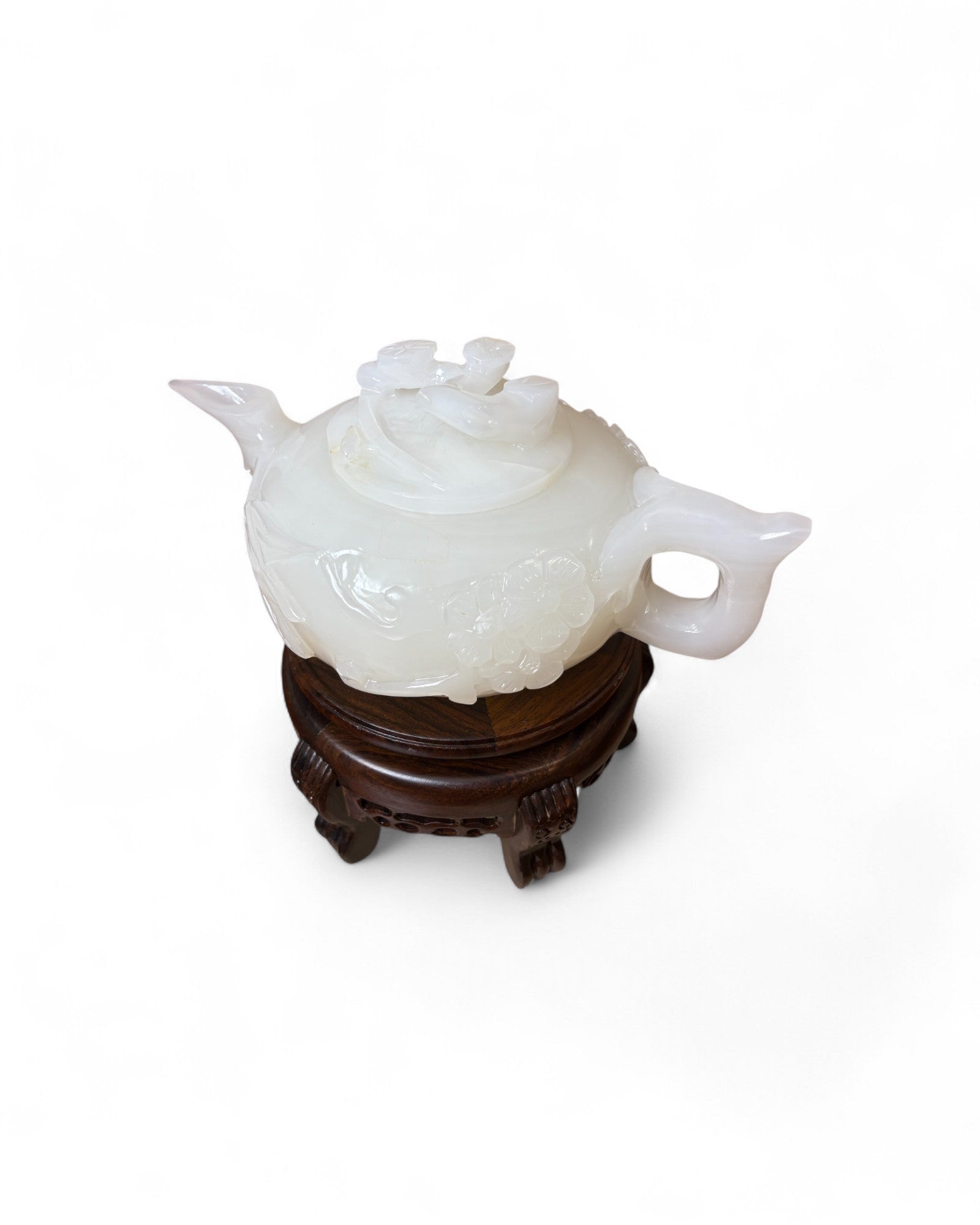 Chinese Carved White Jade Teapot with Floral Relief (with Stand)