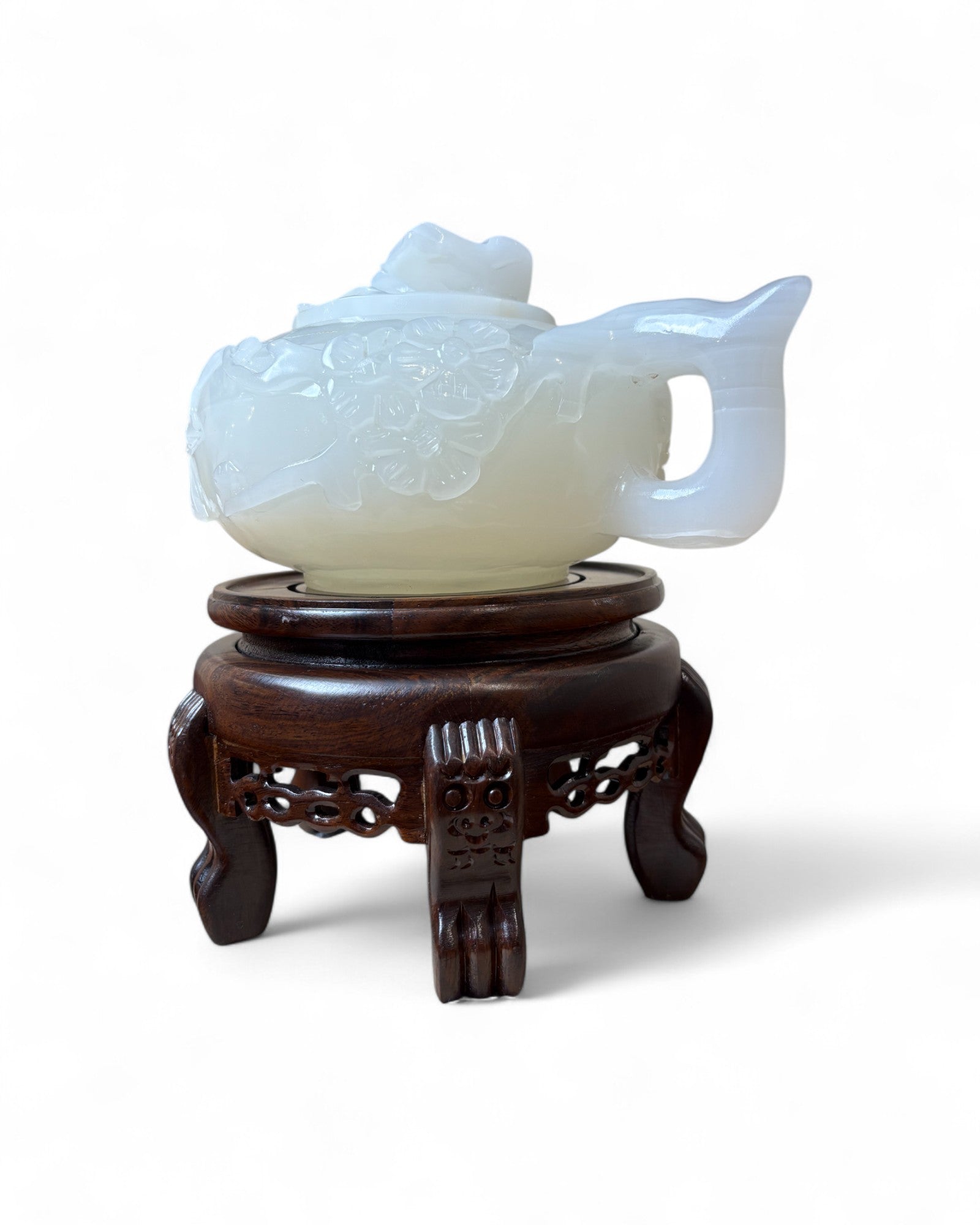 Chinese Carved White Jade Teapot with Floral Relief (with Stand)