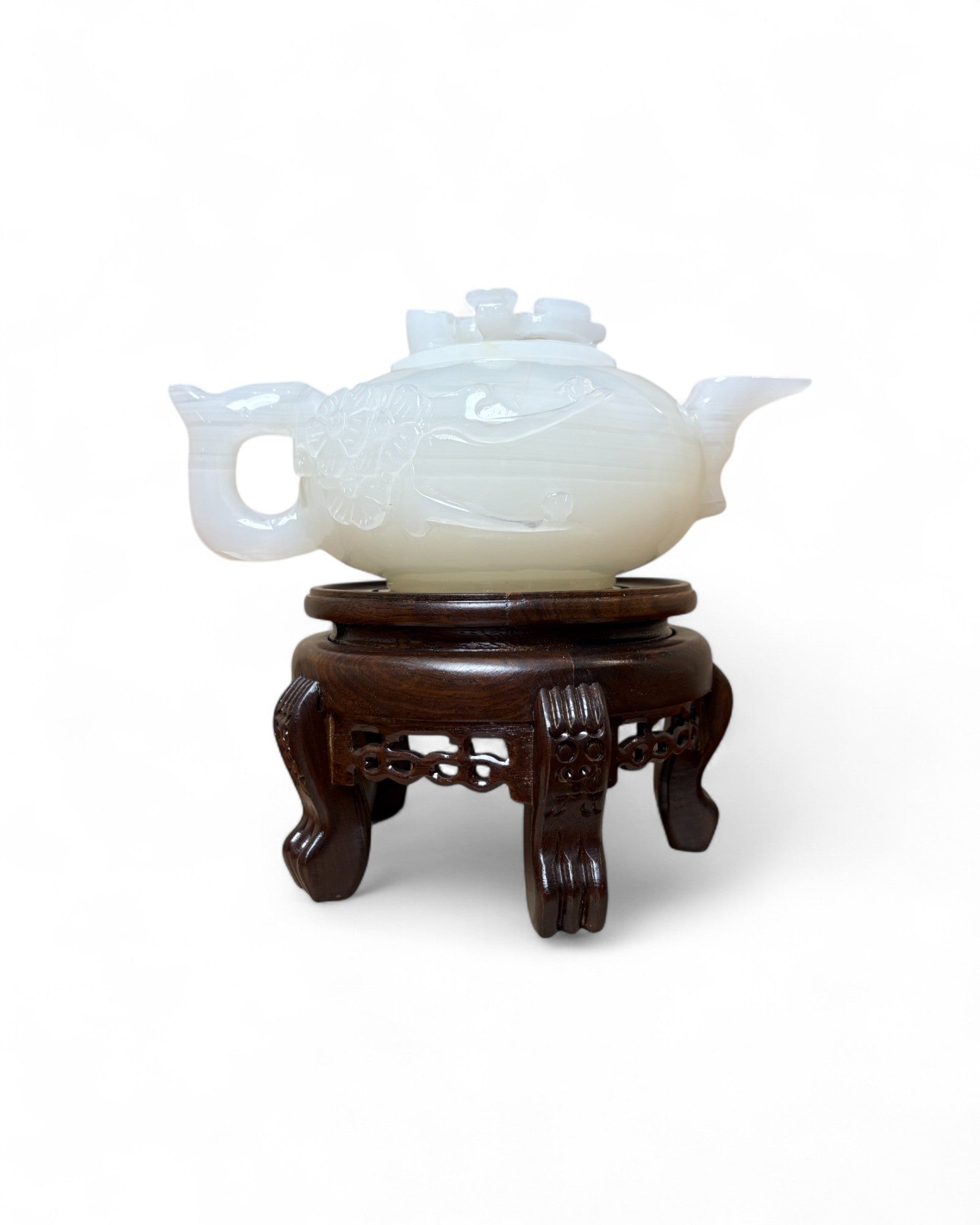 Chinese Carved White Jade Teapot with Floral Relief (with Stand)
