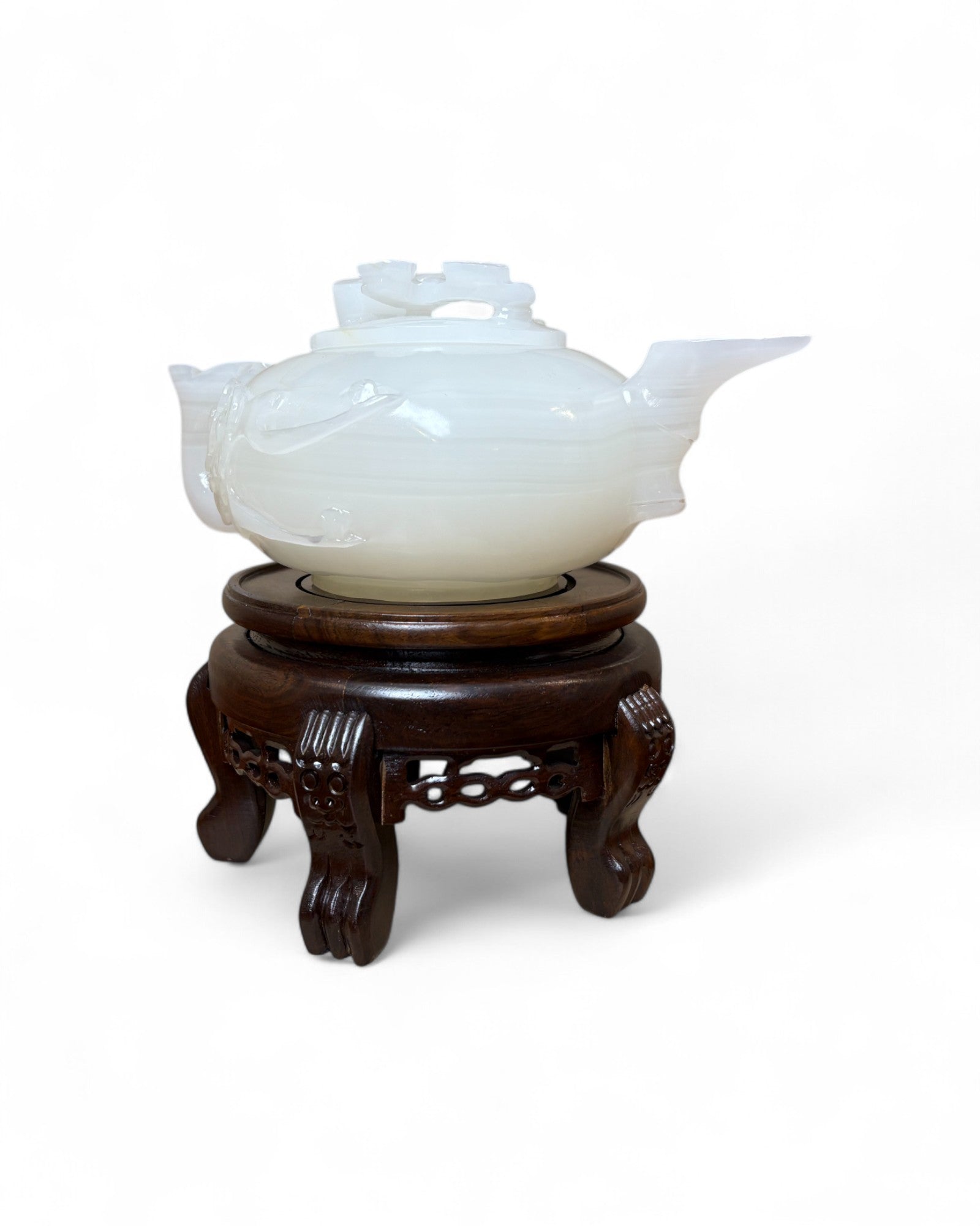 Chinese Carved White Jade Teapot with Floral Relief (with Stand)
