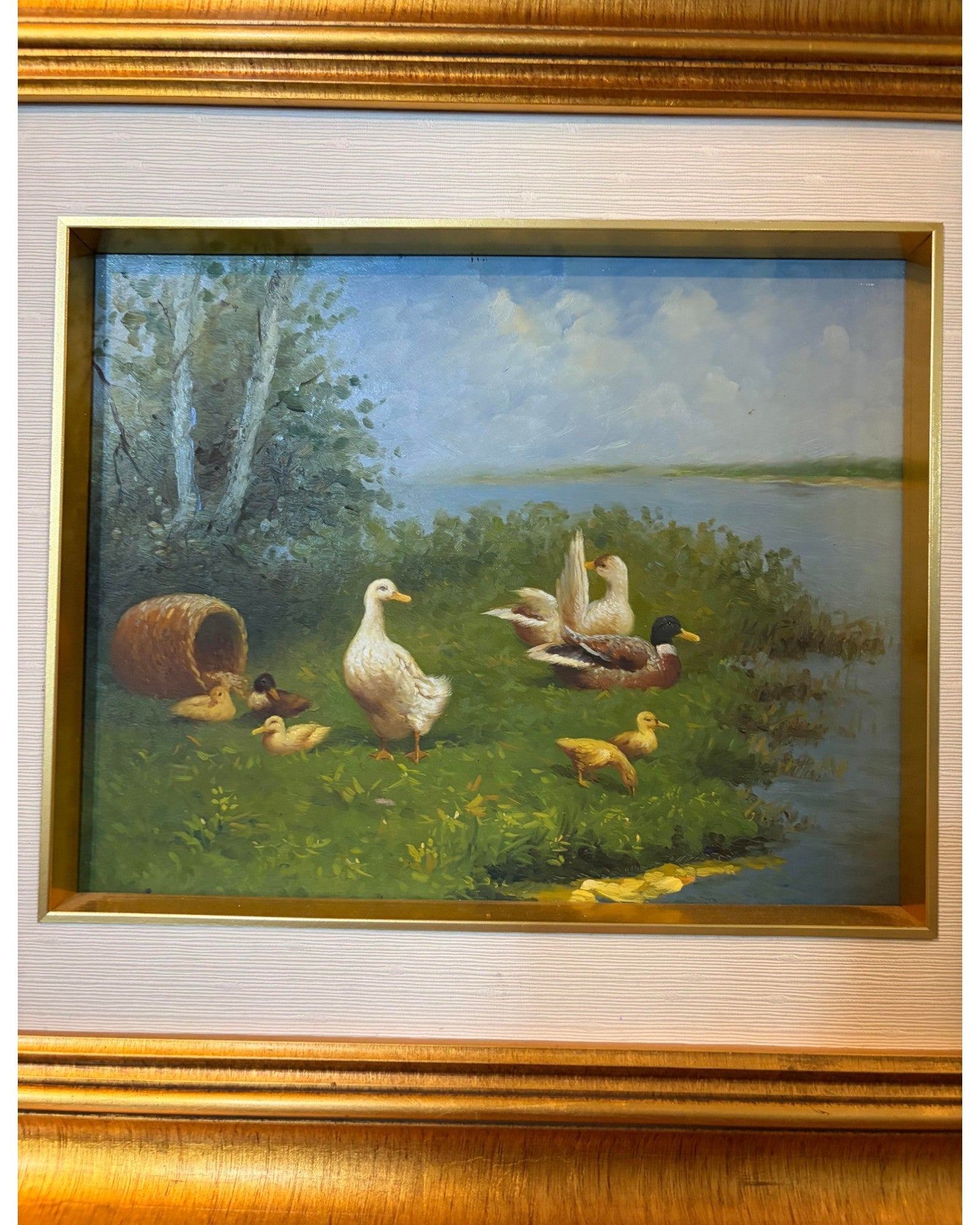 Duck Family Along Tranquil Riverbanks Painting [45 x 43cm]