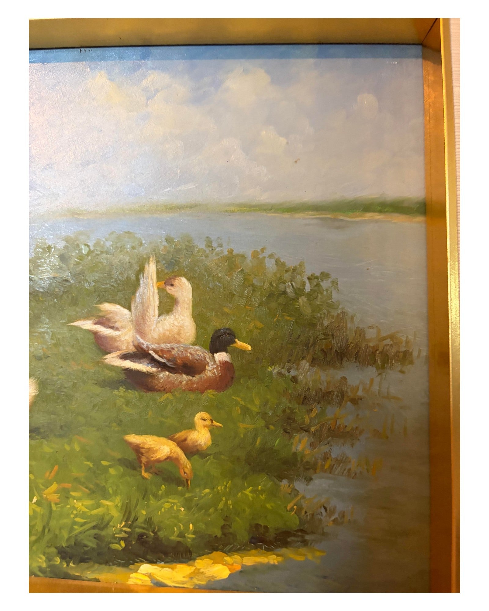 Duck Family Along Tranquil Riverbanks Painting [45 x 43cm]