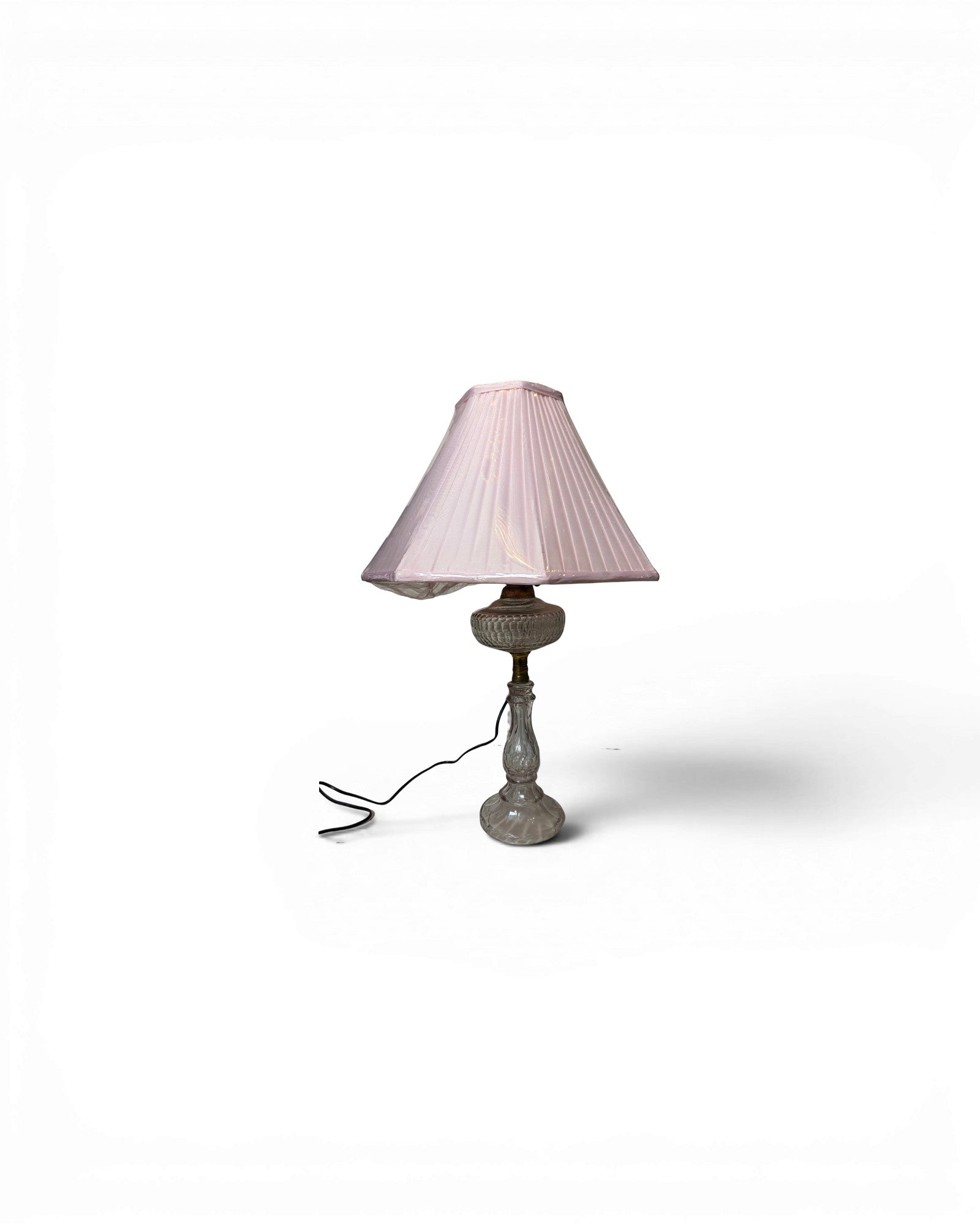 Vintage Clear Glass with Pleated Pink Shade Table Lamp
