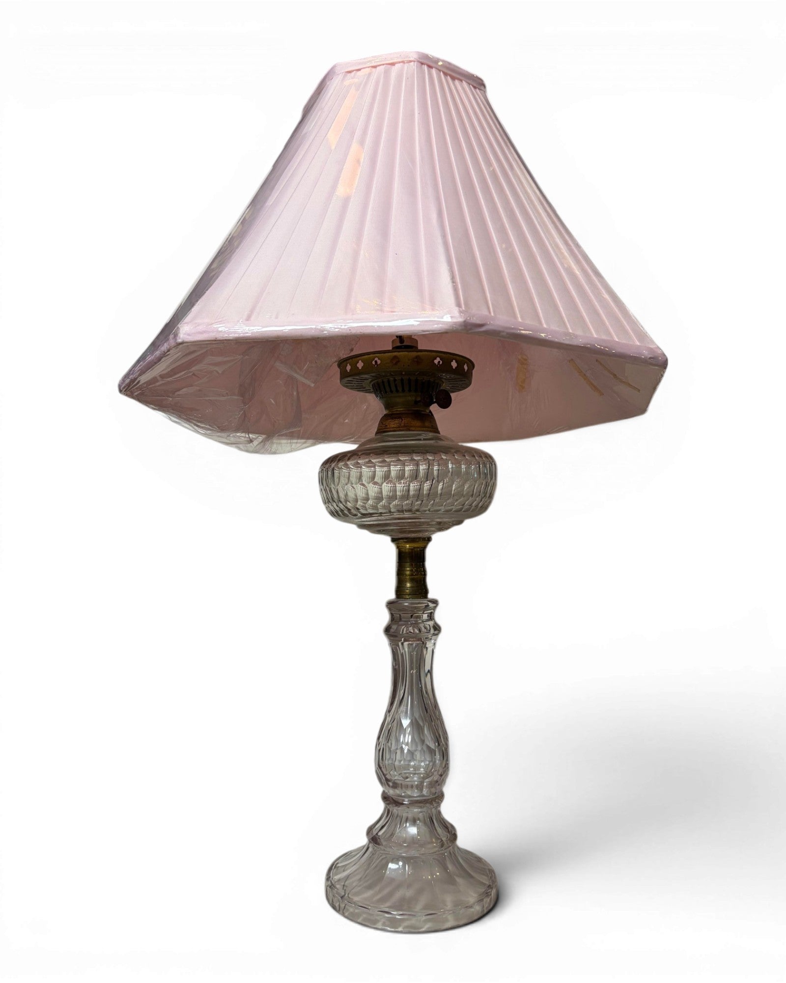 Vintage Clear Glass with Pleated Pink Shade Table Lamp