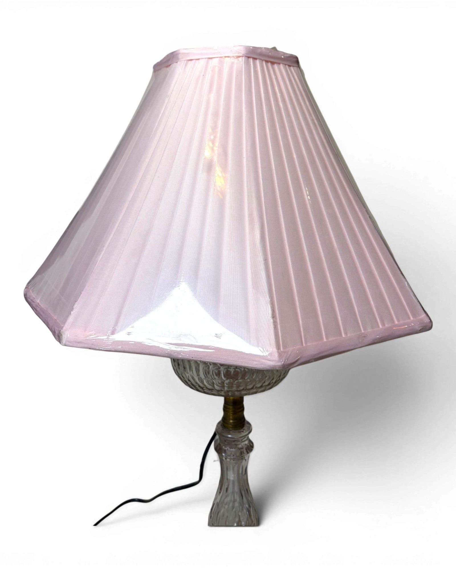 Vintage Clear Glass with Pleated Pink Shade Table Lamp
