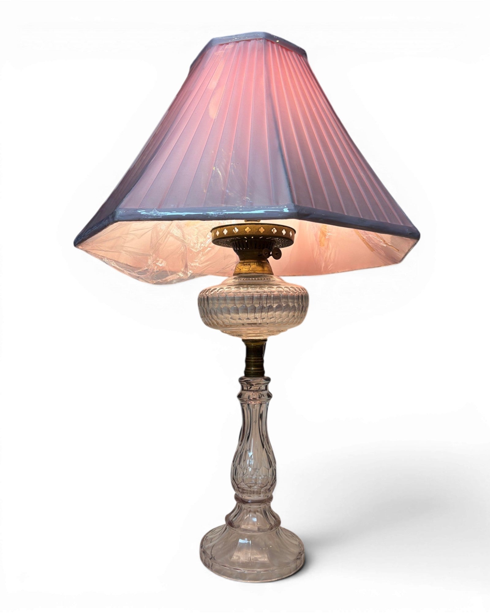 Vintage Clear Glass with Pleated Pink Shade Table Lamp
