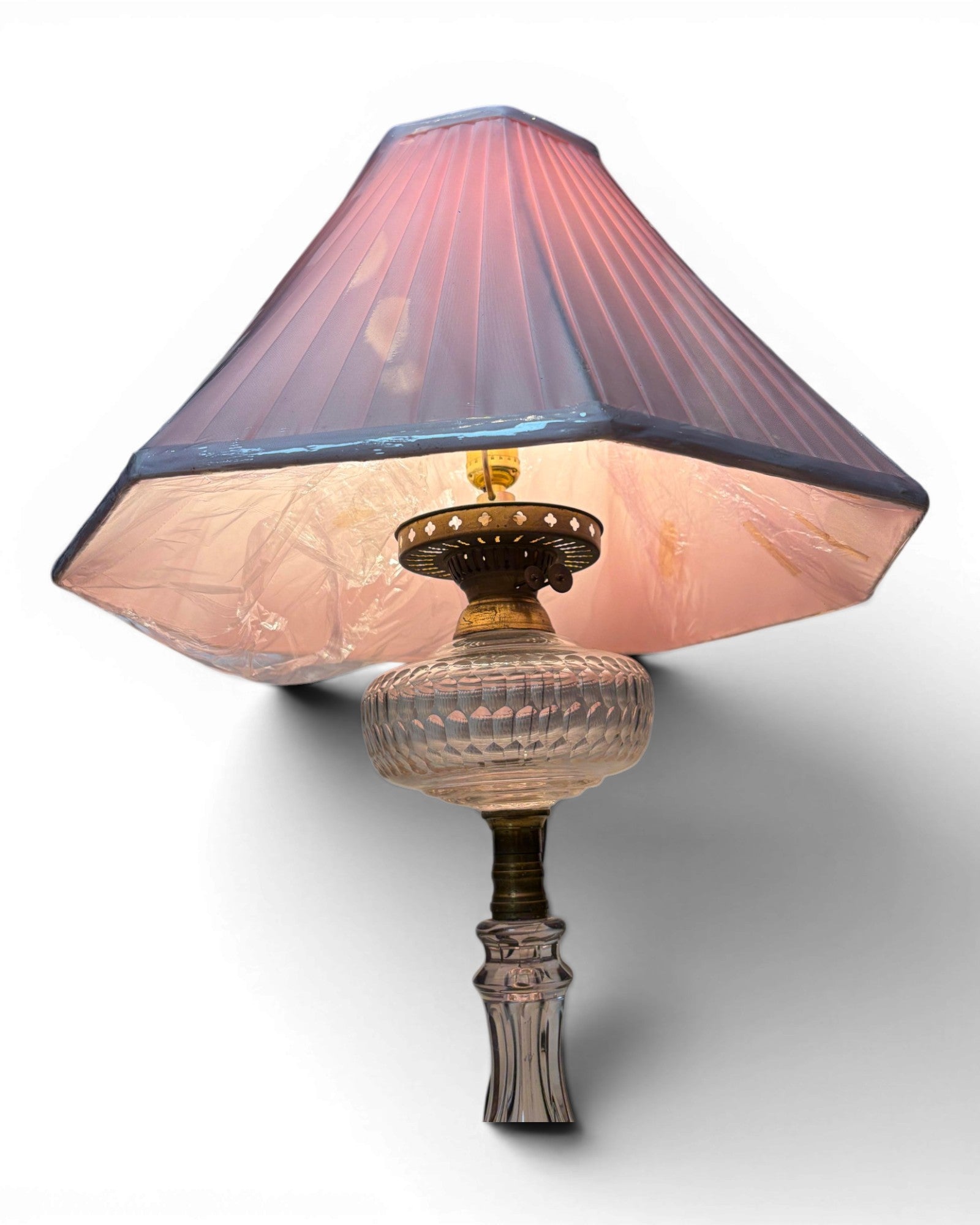 Vintage Clear Glass with Pleated Pink Shade Table Lamp