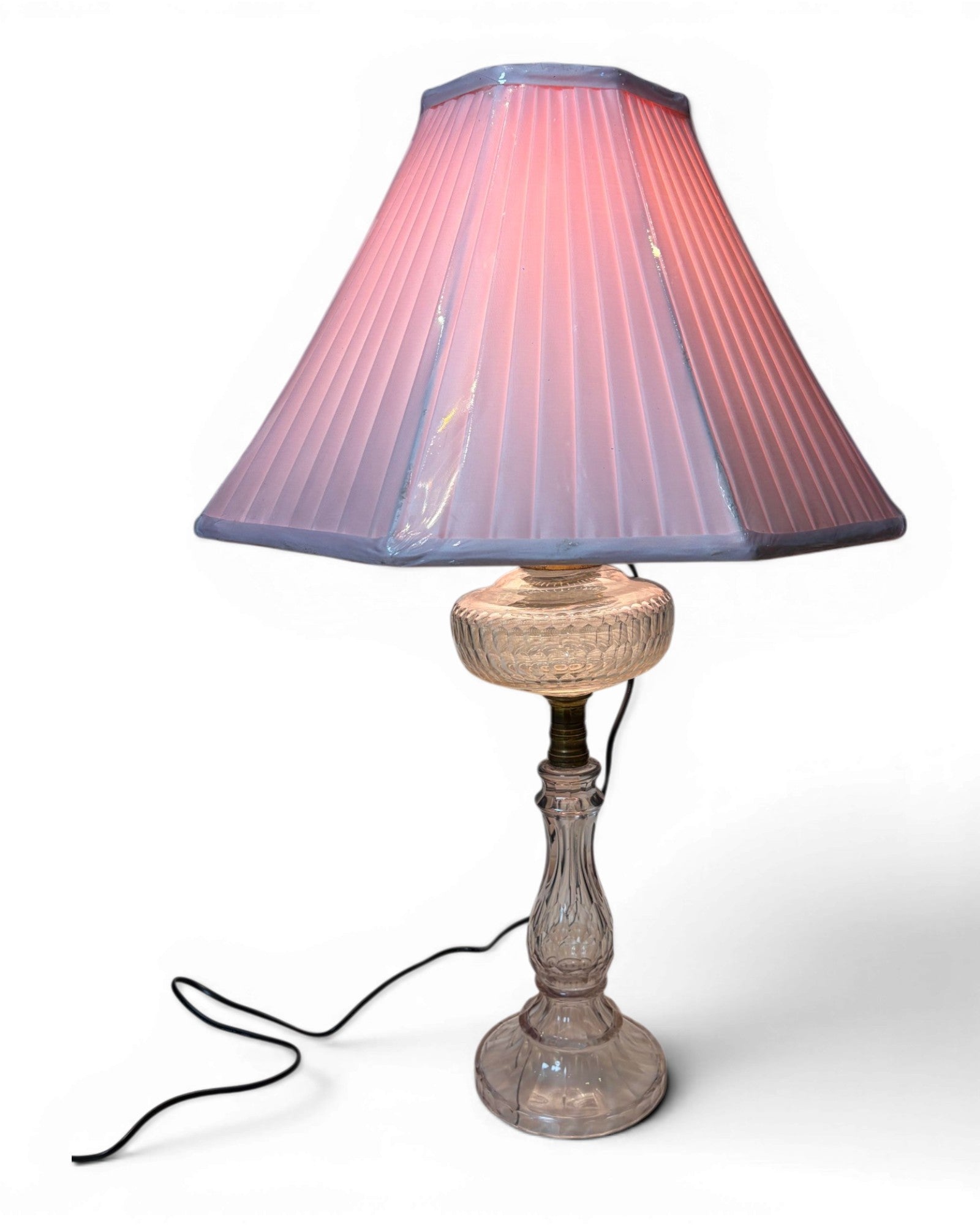 Vintage Clear Glass with Pleated Pink Shade Table Lamp