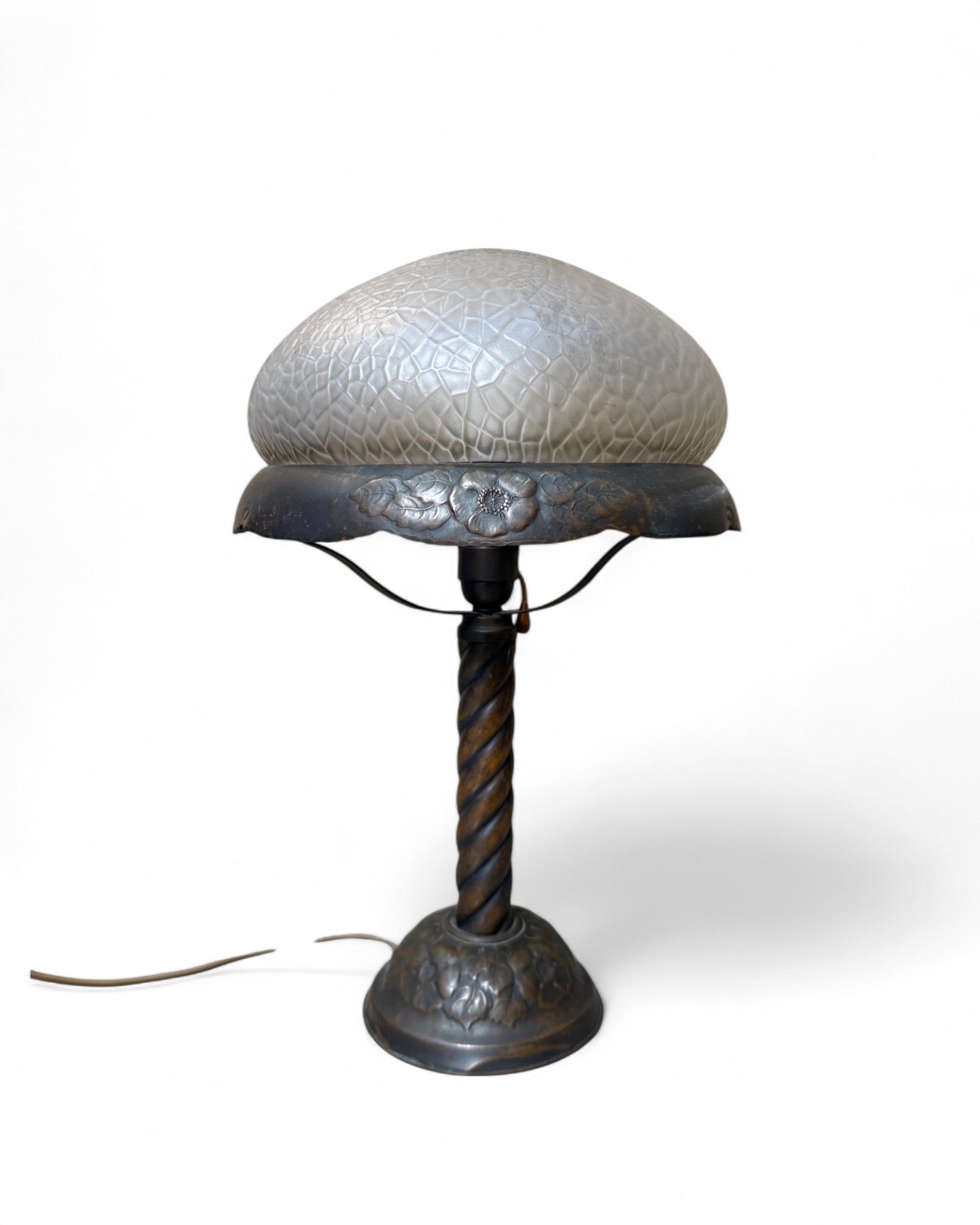 Art Nouveau Twisted Metal Lamp with Crackle Glass Shade