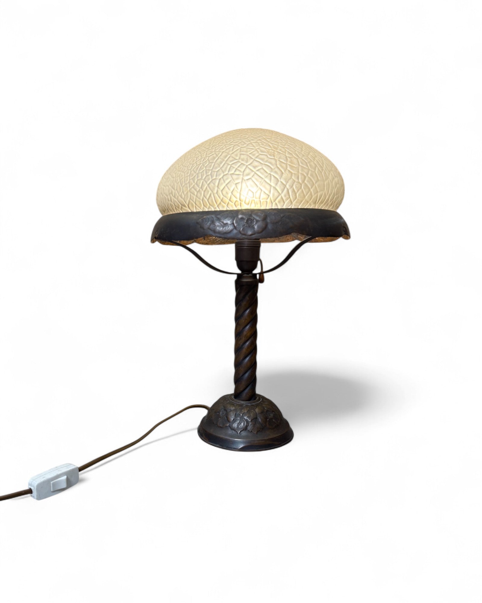 Art Nouveau Twisted Metal Lamp with Crackle Glass Shade