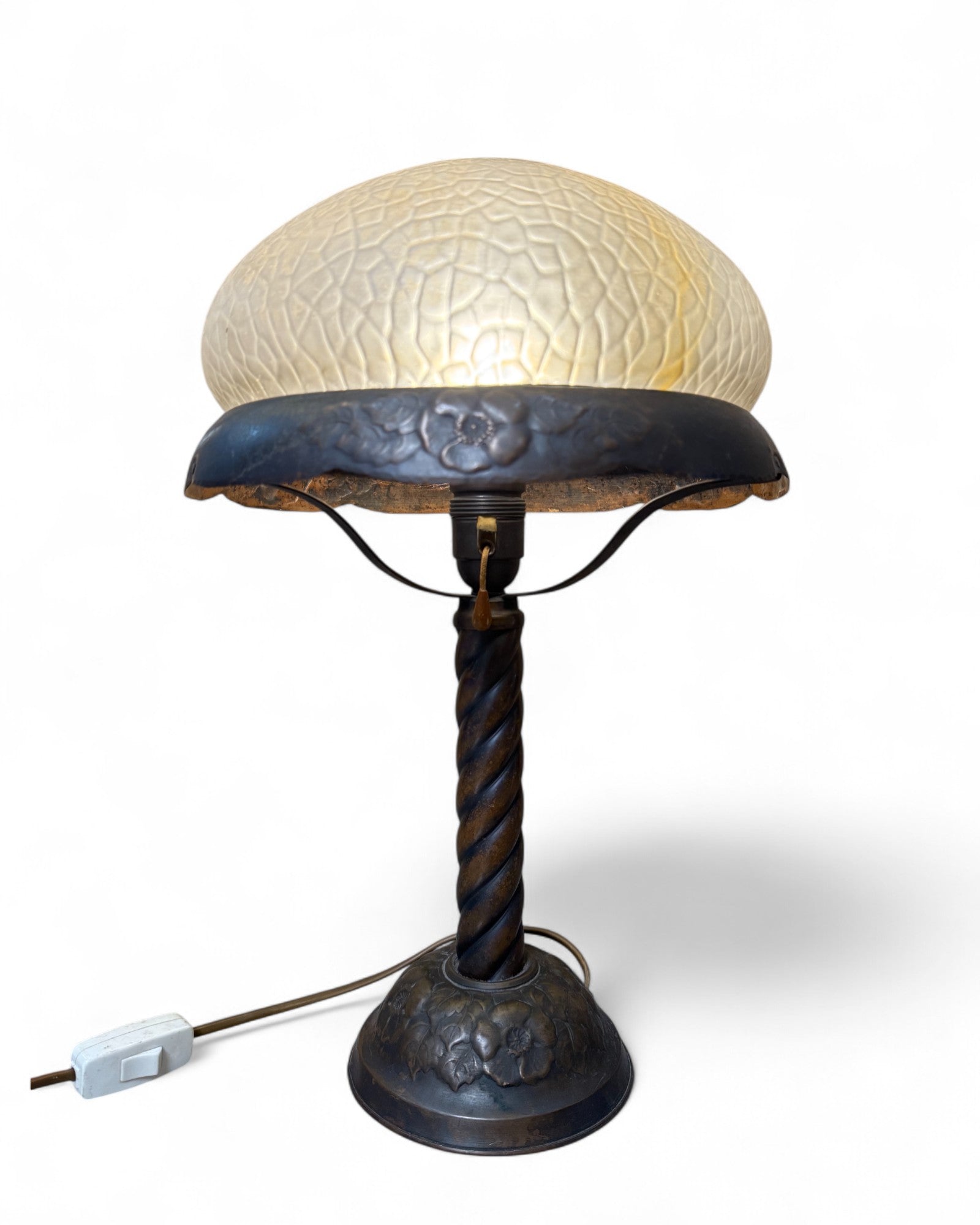 Art Nouveau Twisted Metal Lamp with Crackle Glass Shade