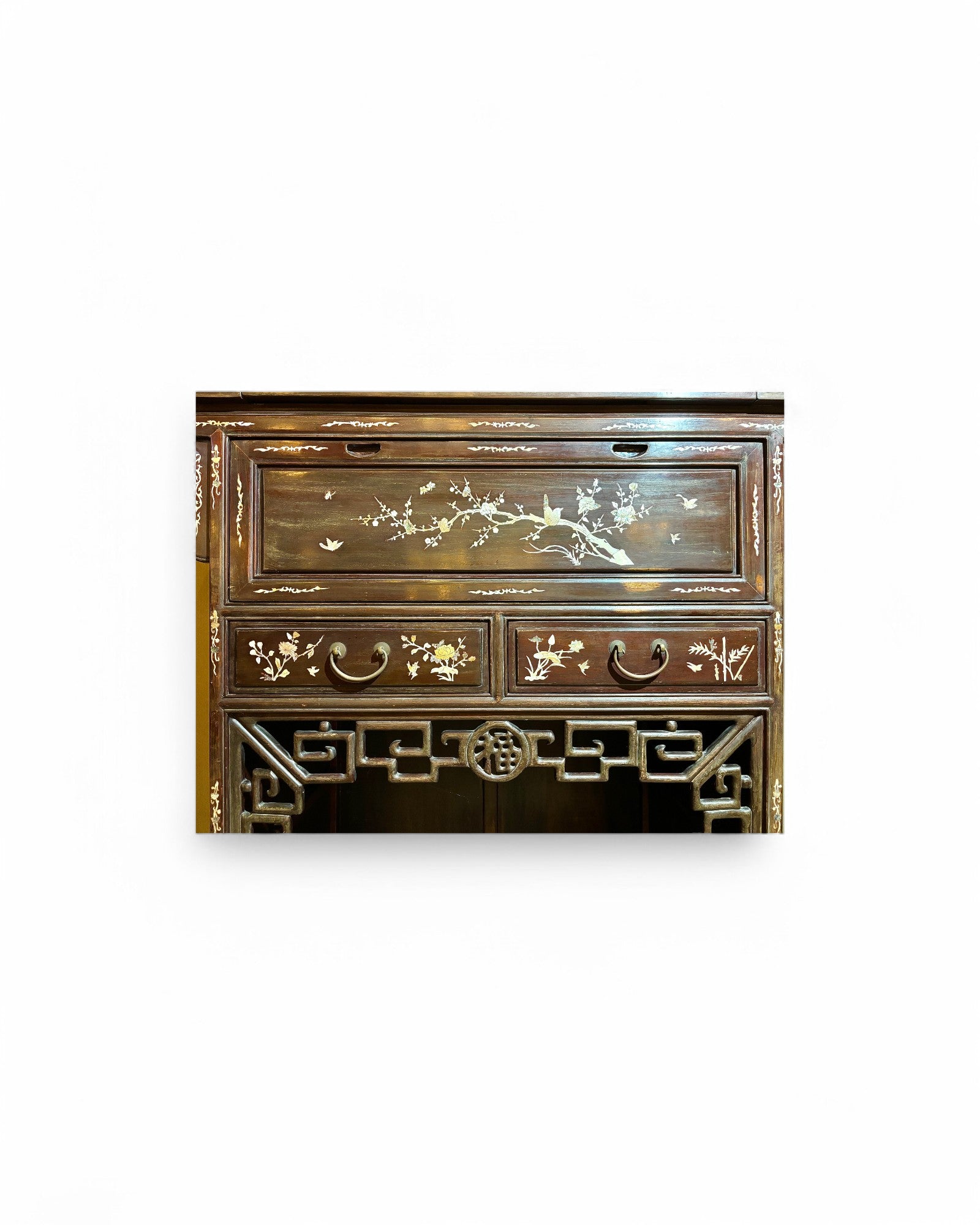 Gilded Mother of Pearl Inlaid Chinese Dark Wood Cabinet and Console