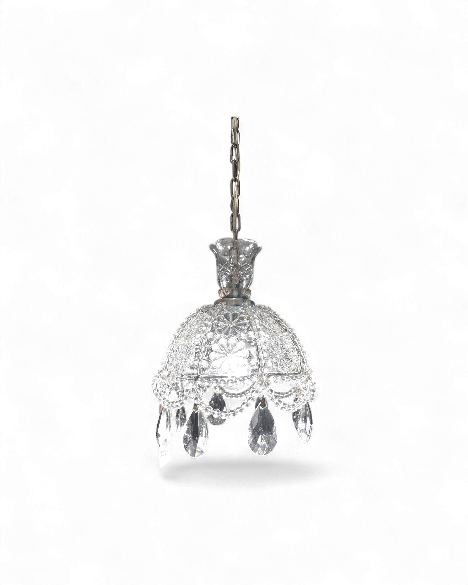 Vintage Glass-Beaded Brass Crystal Basket Chandelier