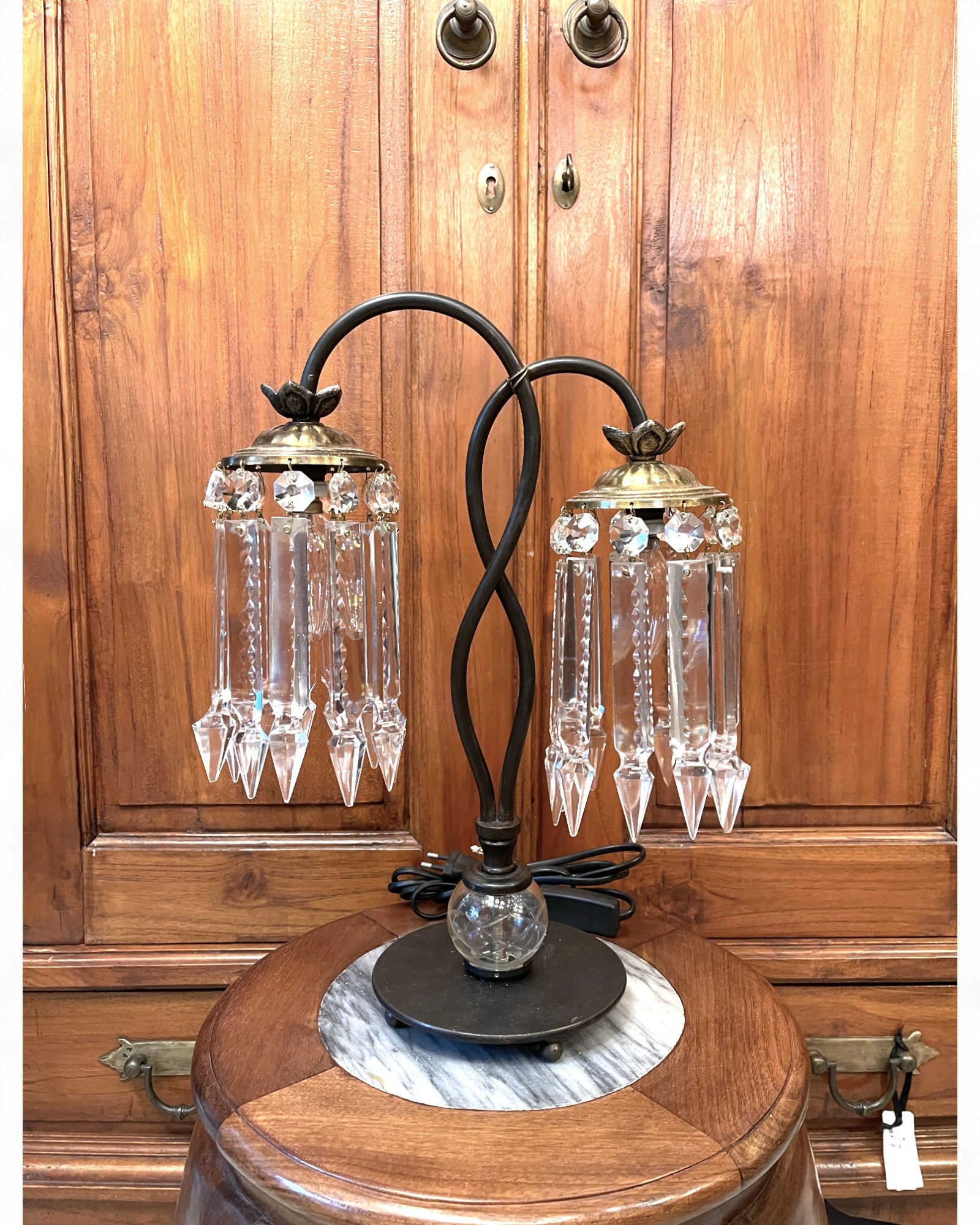 Vintage-Style Metal & Crystal “Waterfall” Two-Light Table Lamp