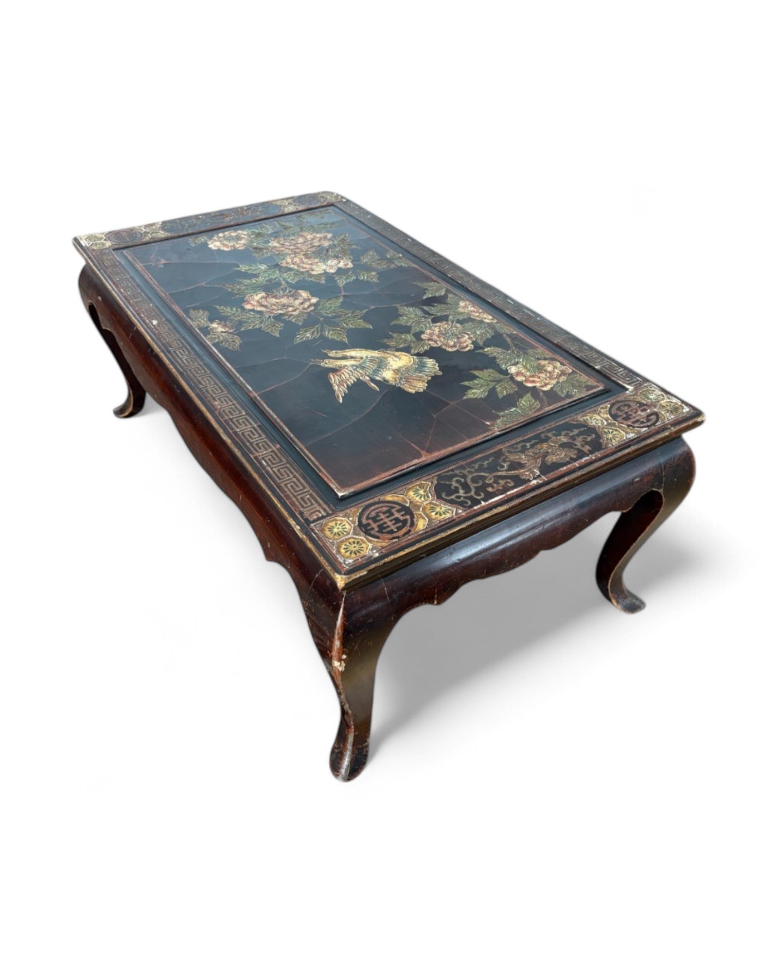 Oriental Lacquered Coffee Table with Hand-Painted Floral Motif | 90 x 50 x 38cm