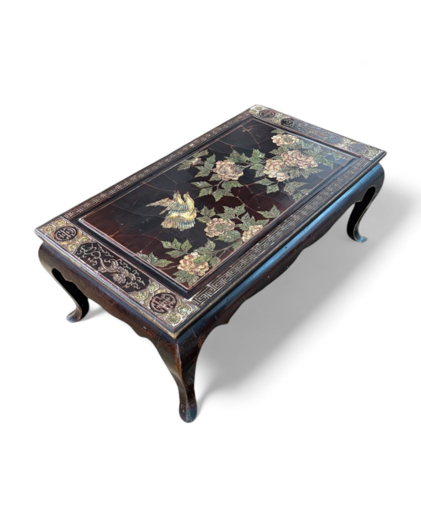 Oriental Lacquered Coffee Table with Hand-Painted Floral Motif | 90 x 50 x 38cm