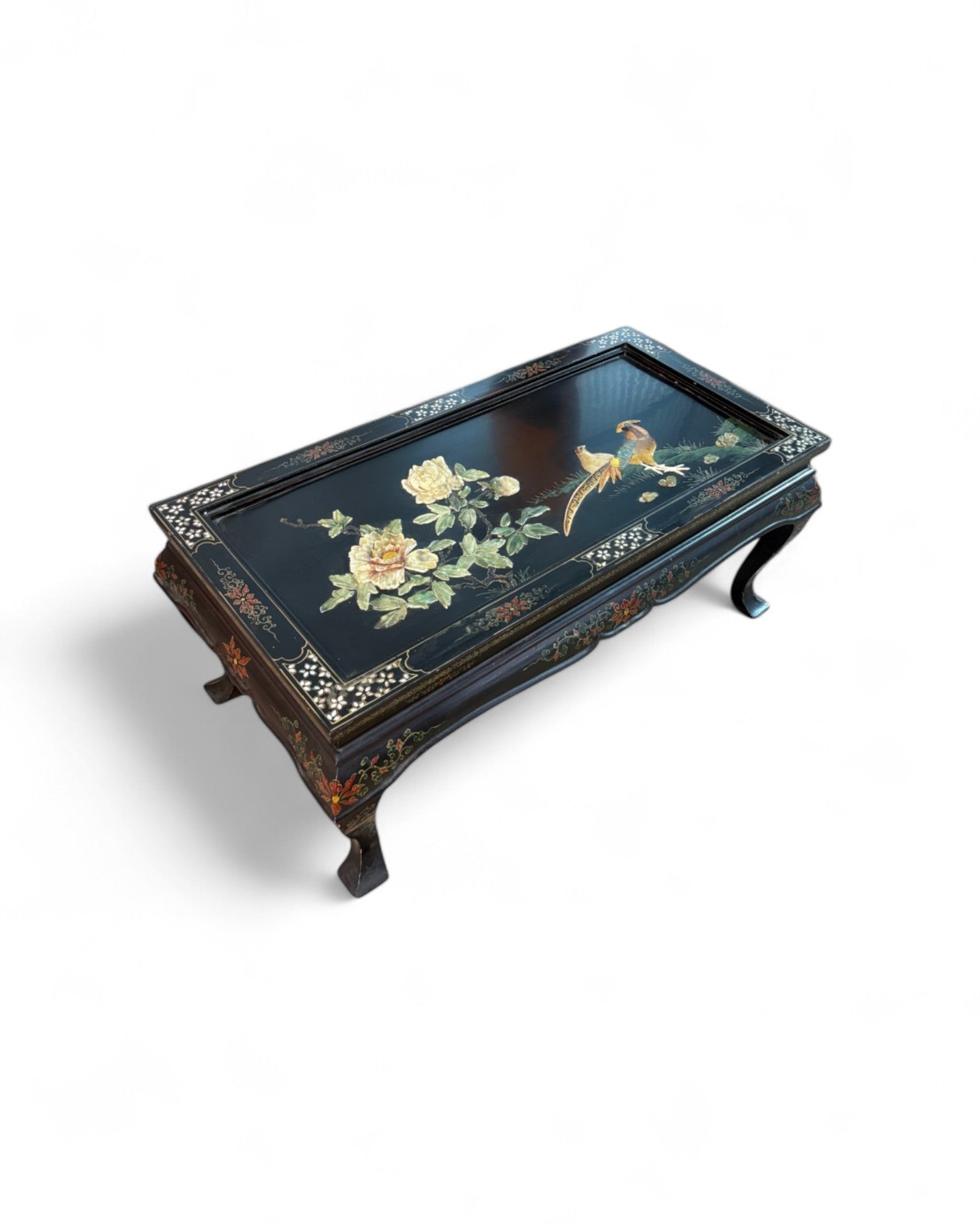 Oriental Lacquered Coffee Table with Pheasant and Floral Hand-Painted Motif | 107 x 54 x 48cm