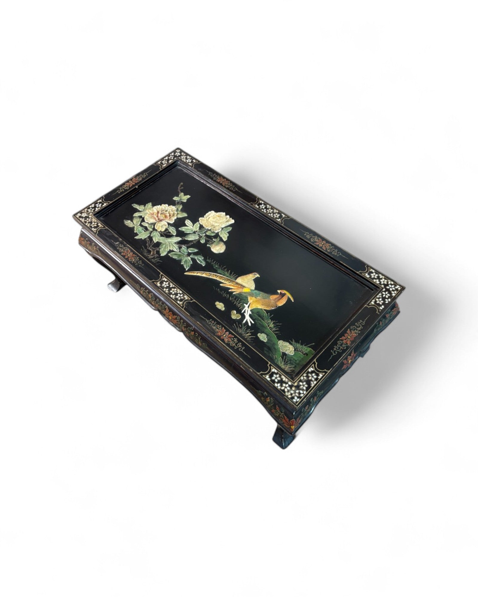 Oriental Lacquered Coffee Table with Pheasant and Floral Hand-Painted Motif | 107 x 54 x 48cm
