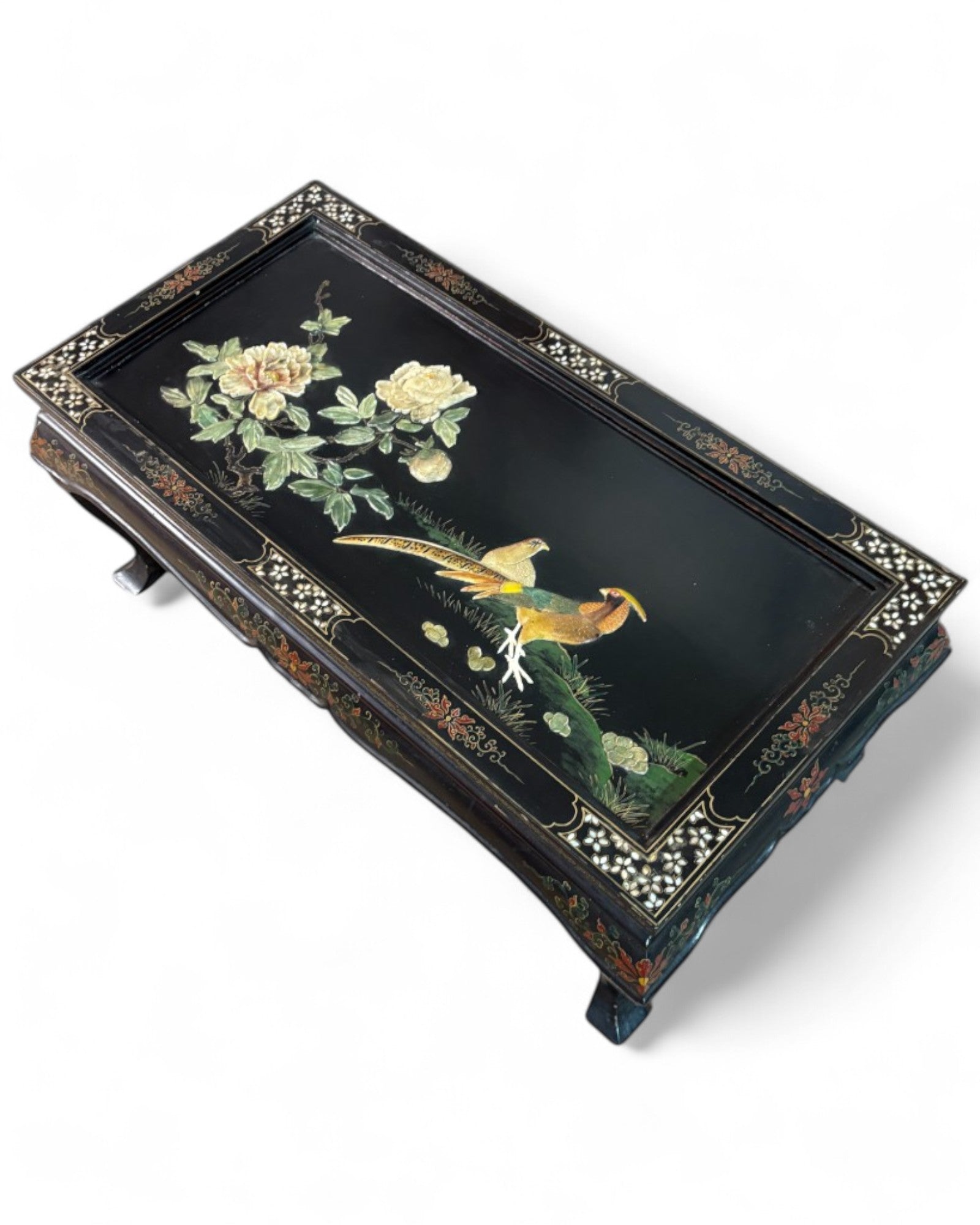 Oriental Lacquered Coffee Table with Pheasant and Floral Hand-Painted Motif | 107 x 54 x 48cm