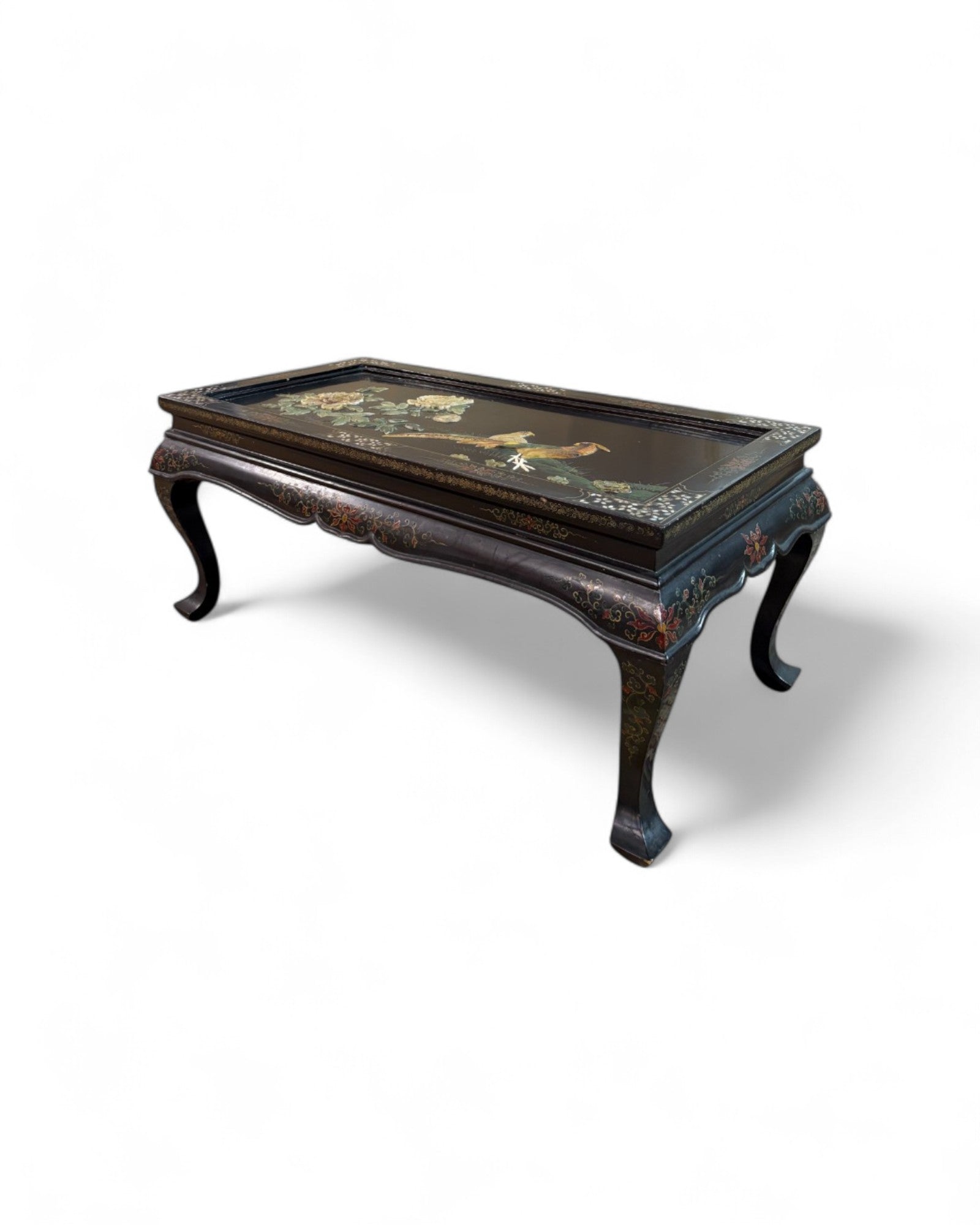 Oriental Lacquered Coffee Table with Pheasant and Floral Hand-Painted Motif | 107 x 54 x 48cm