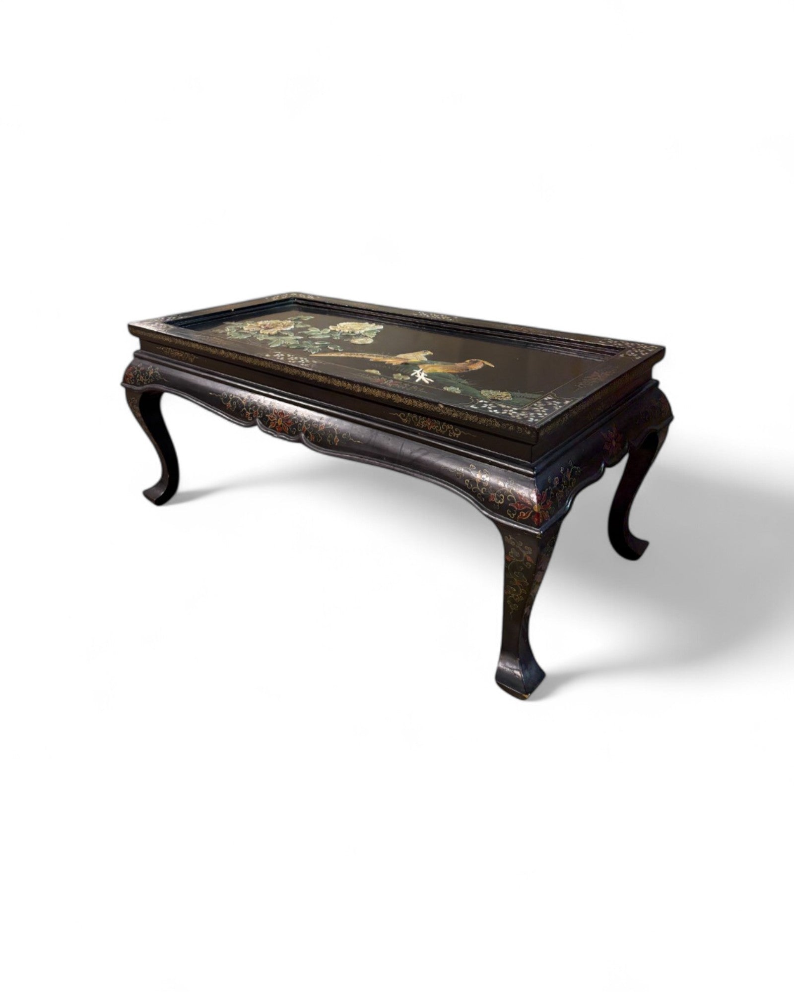 Oriental Lacquered Coffee Table with Pheasant and Floral Hand-Painted Motif | 107 x 54 x 48cm