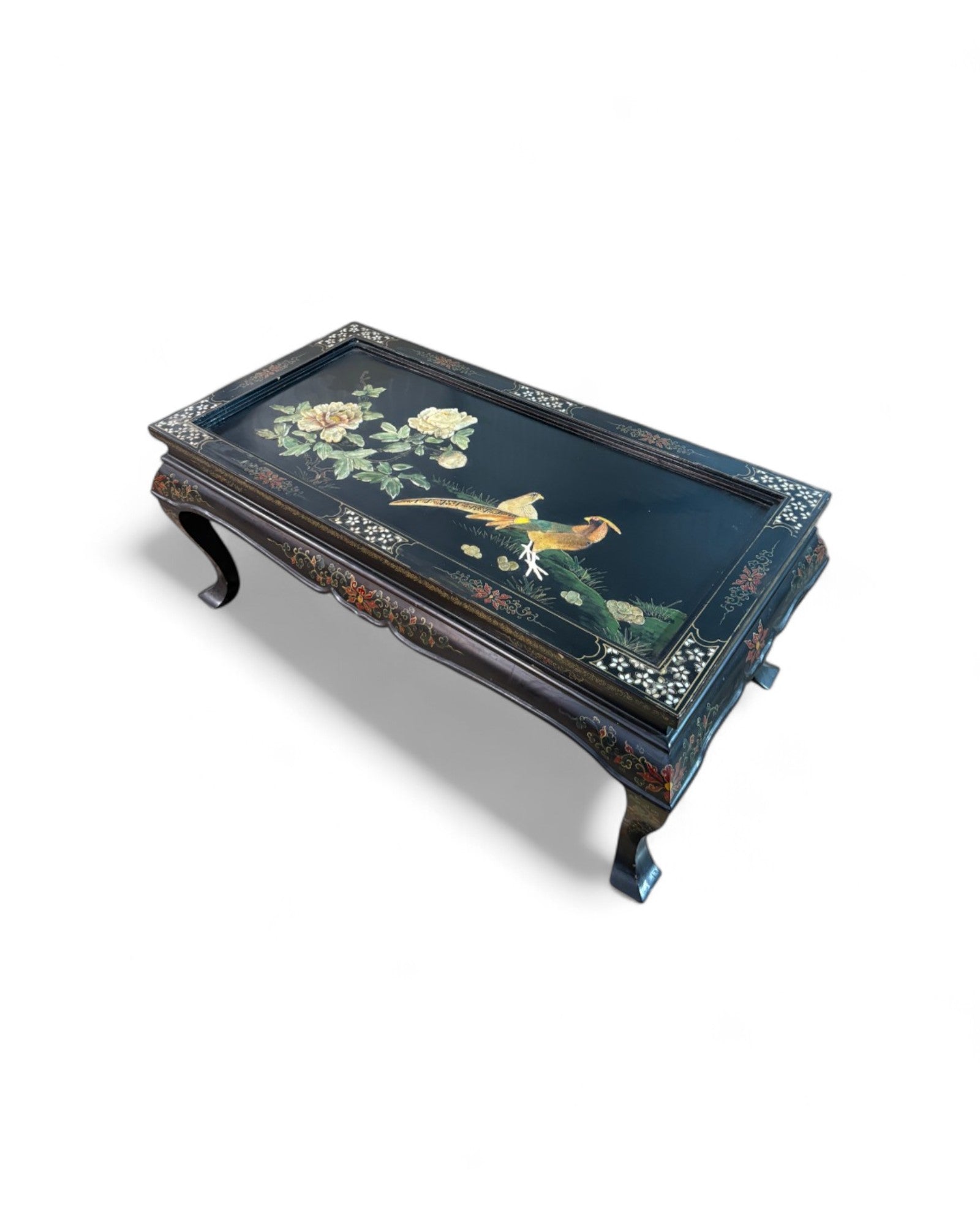 Oriental Lacquered Coffee Table with Pheasant and Floral Hand-Painted Motif | 107 x 54 x 48cm