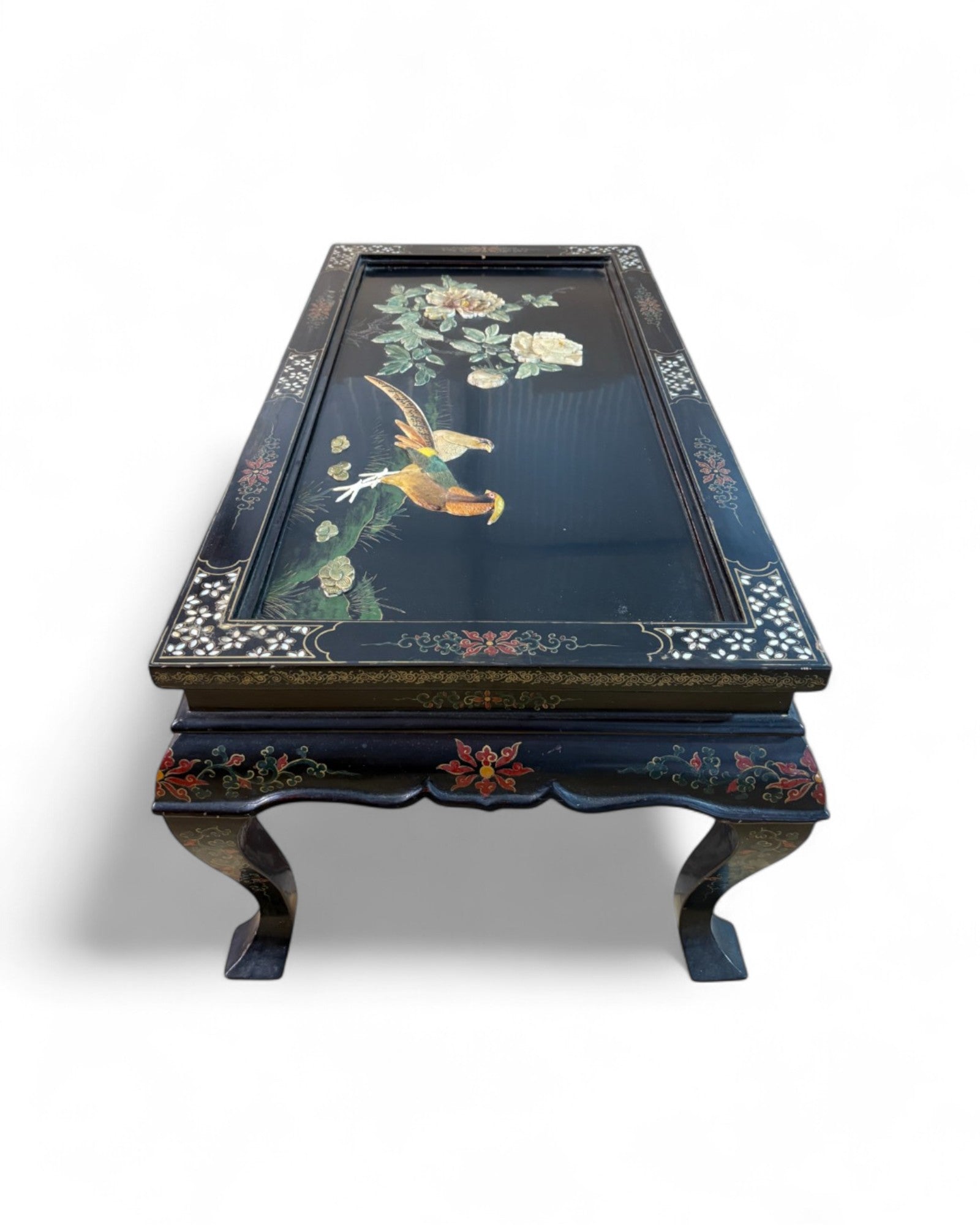 Oriental Lacquered Coffee Table with Pheasant and Floral Hand-Painted Motif | 107 x 54 x 48cm
