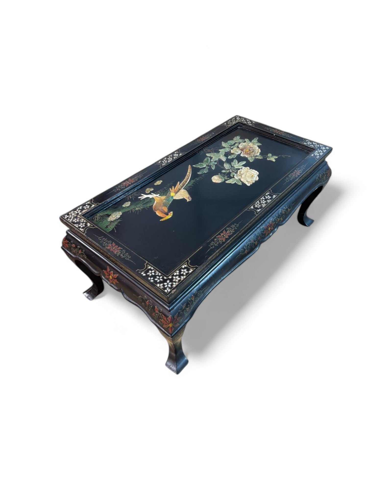 Oriental Lacquered Coffee Table with Pheasant and Floral Hand-Painted Motif | 107 x 54 x 48cm