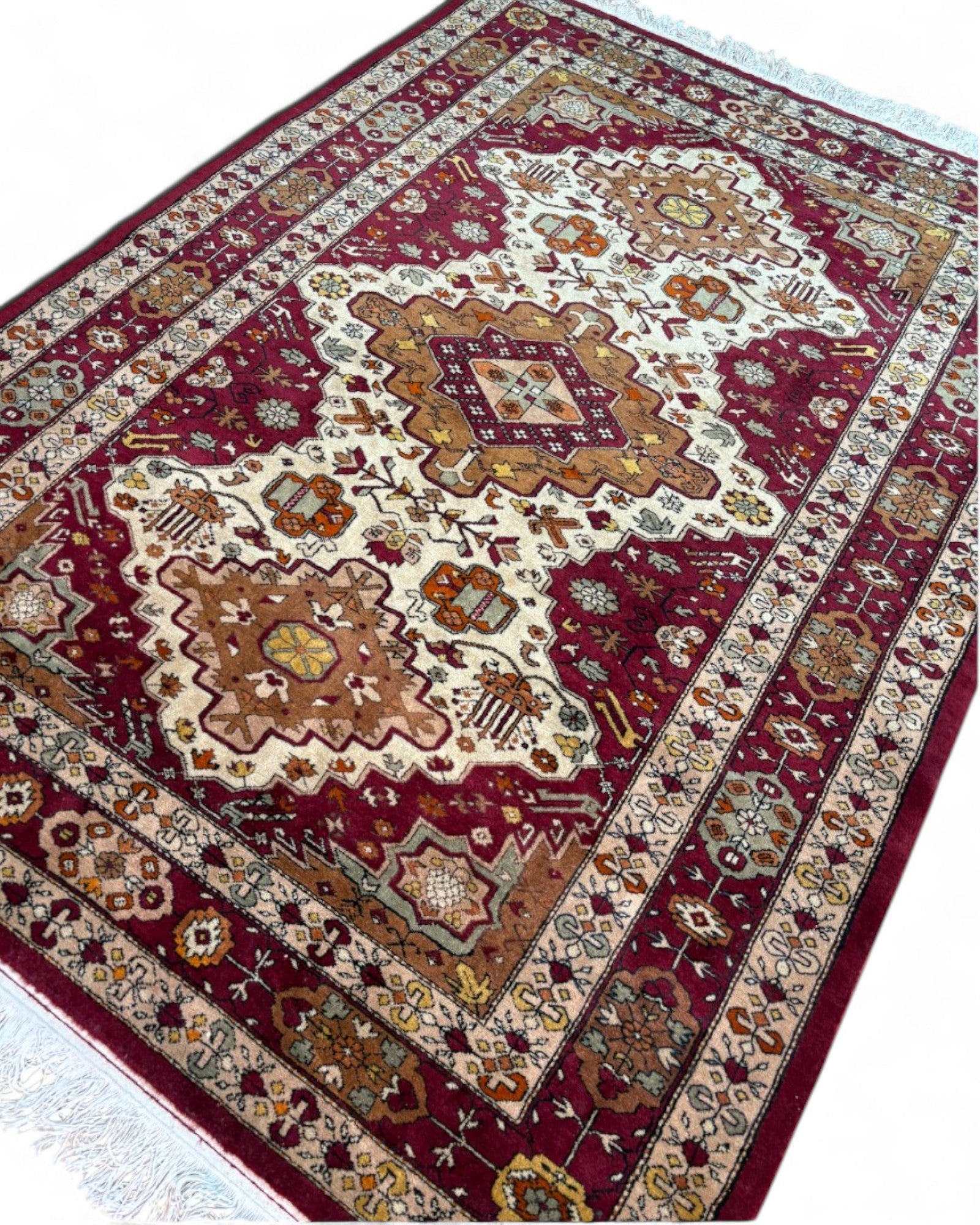 Hand-Knotted Persian-Style Rug in Burgundy, Ivory, and Gold | 230 x 152cm
