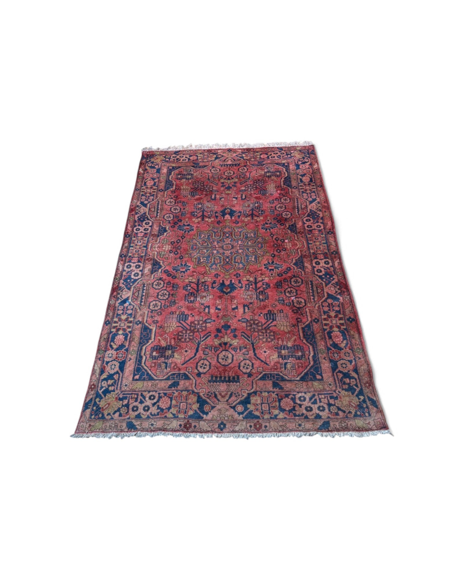 Vintage Persian Heriz Rug in Rose Red and Navy | 242 x 147cm