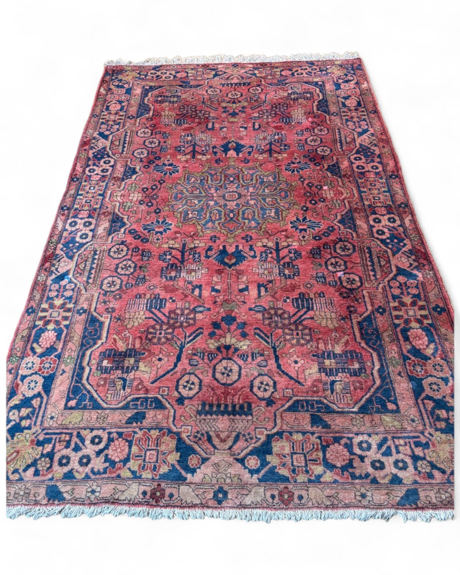 Vintage Persian Heriz Rug in Rose Red and Navy | 242 x 147cm