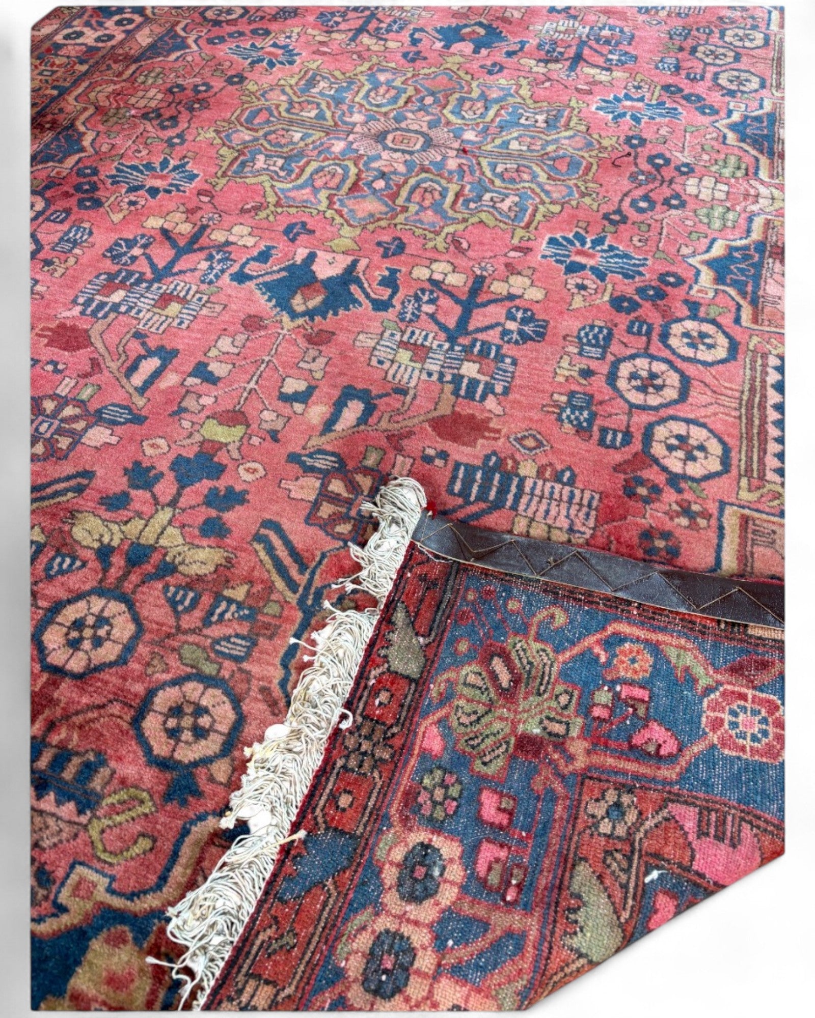 Vintage Persian Heriz Rug in Rose Red and Navy | 242 x 147cm