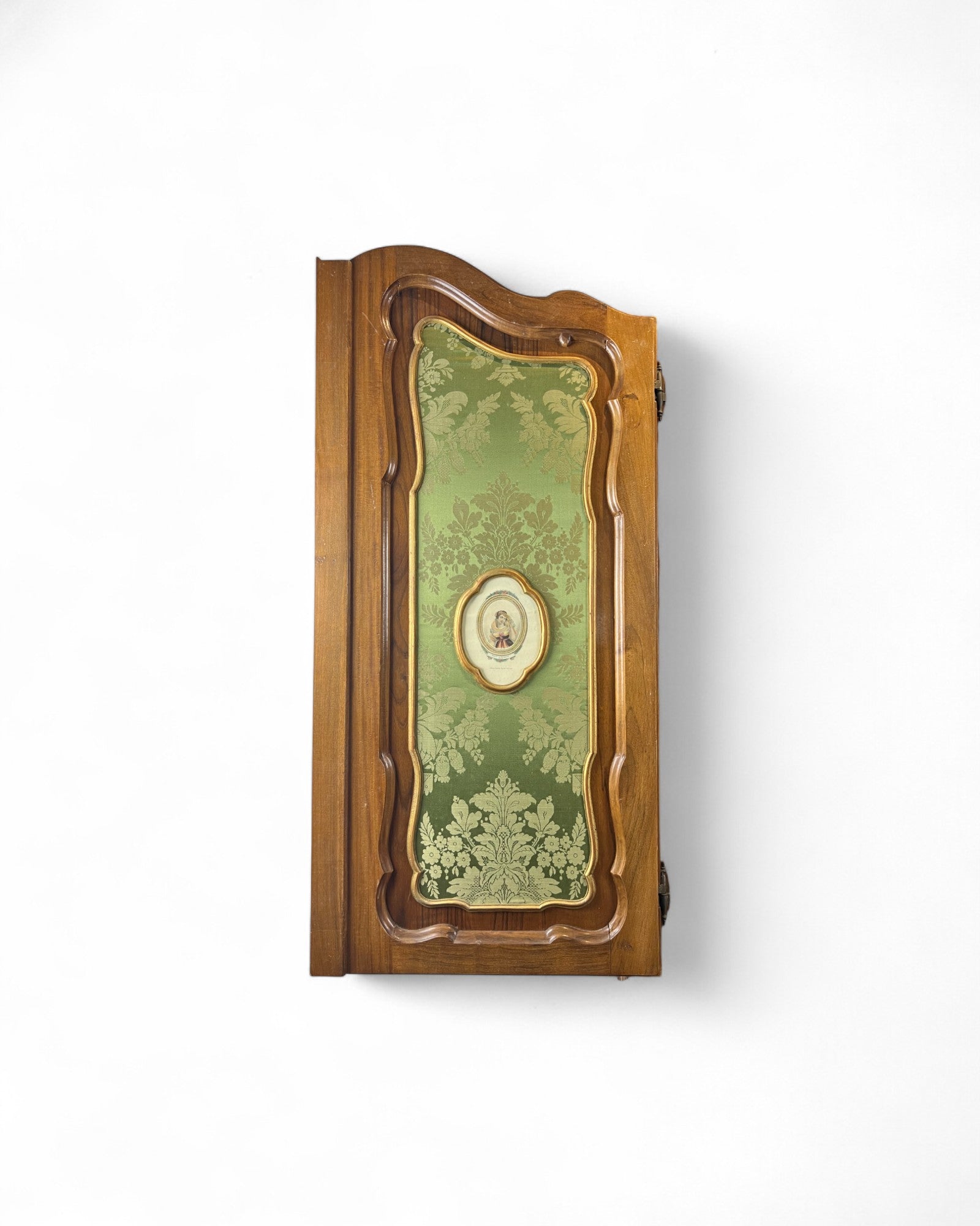 Trumeau Walnut Italian Louis XV Style Cabinet with Green Fabric Interior