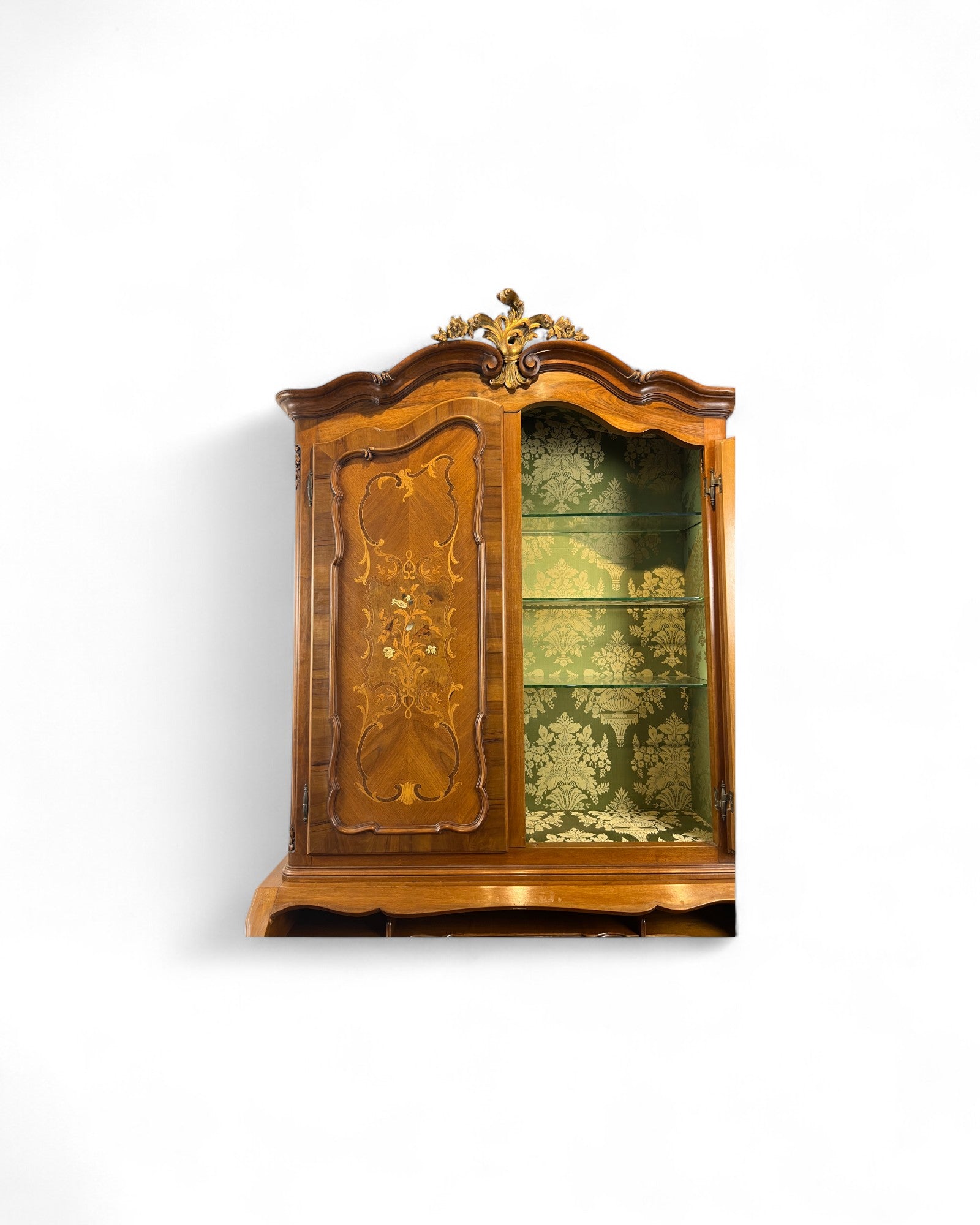 Trumeau Walnut Italian Louis XV Style Cabinet with Green Fabric Interior