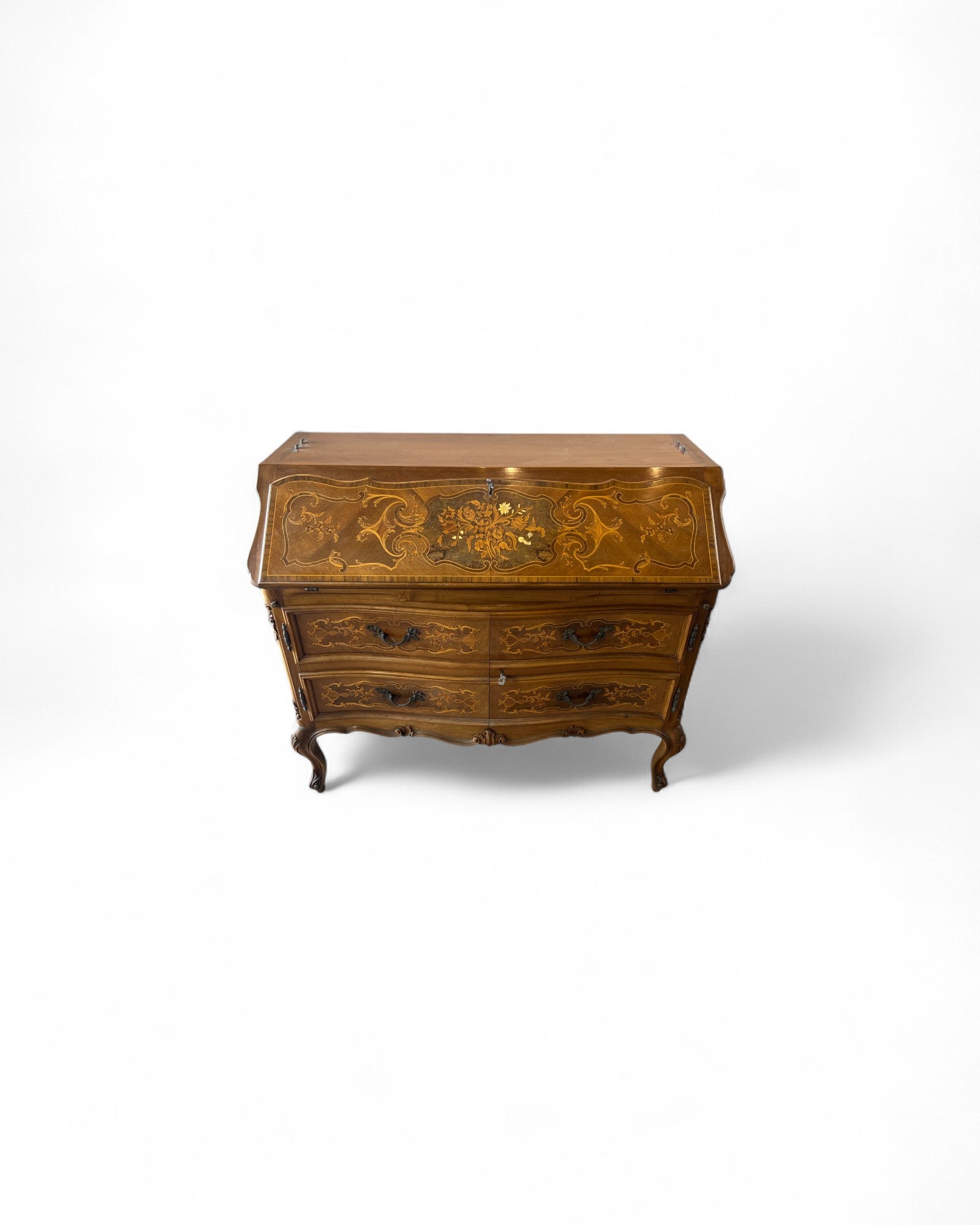 Trumeau Walnut Italian Louis XV Style Cabinet with Green Fabric Interior