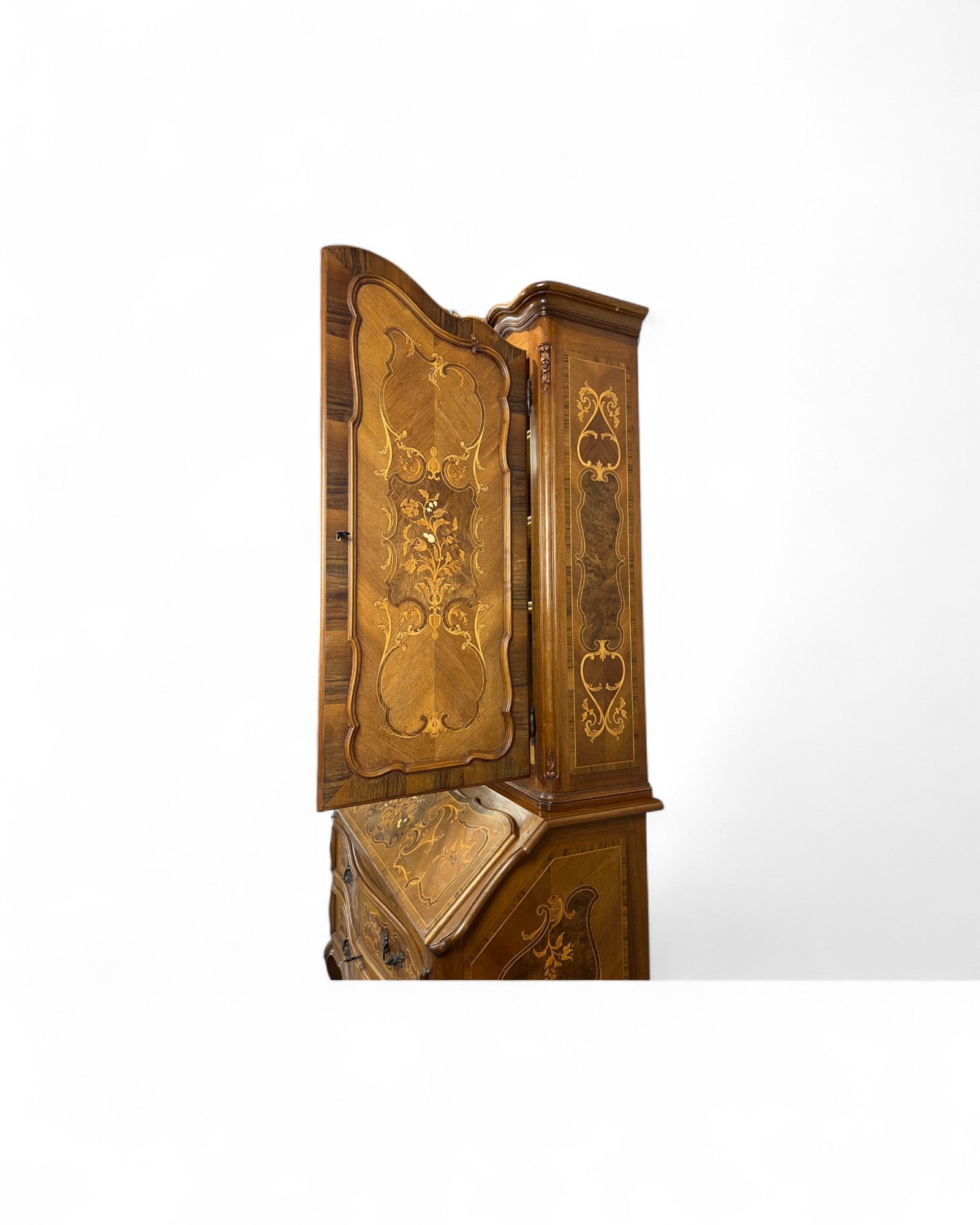 Trumeau Walnut Italian Louis XV Style Cabinet with Cream Fabric Interior