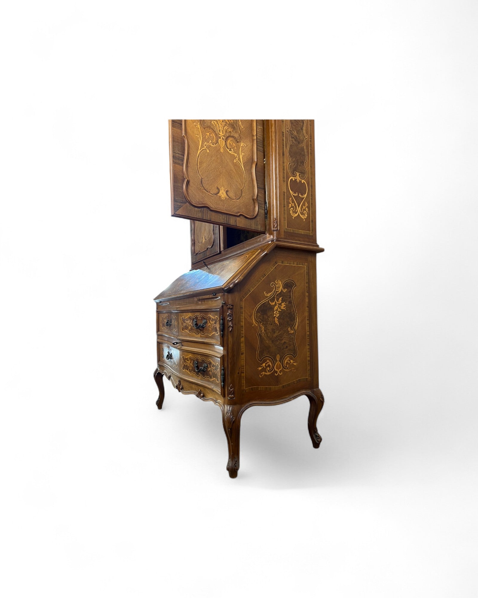 Trumeau Walnut Italian Louis XV Style Cabinet with Cream Fabric Interior