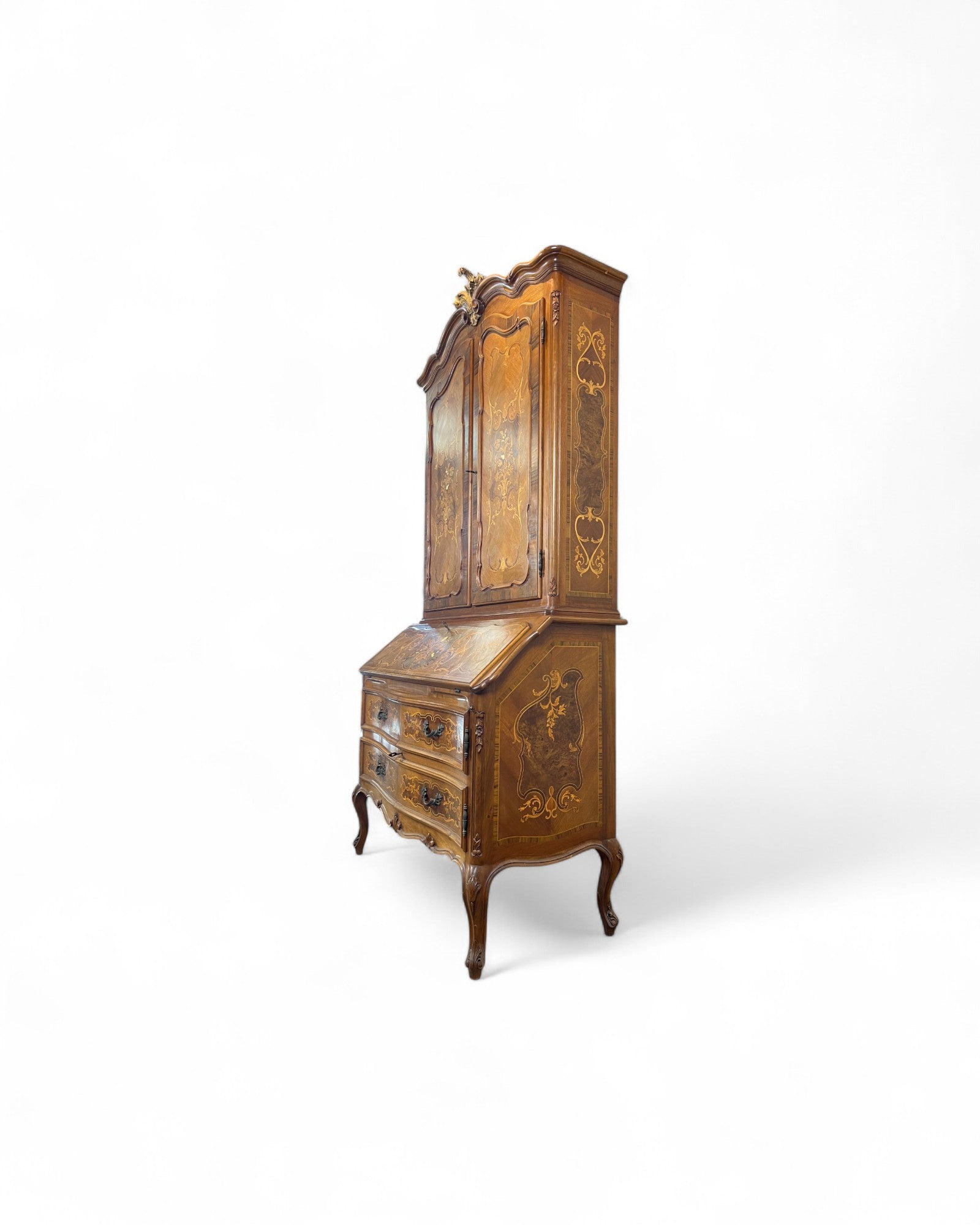 Trumeau Walnut Italian Louis XV Style Cabinet with Cream Fabric Interior