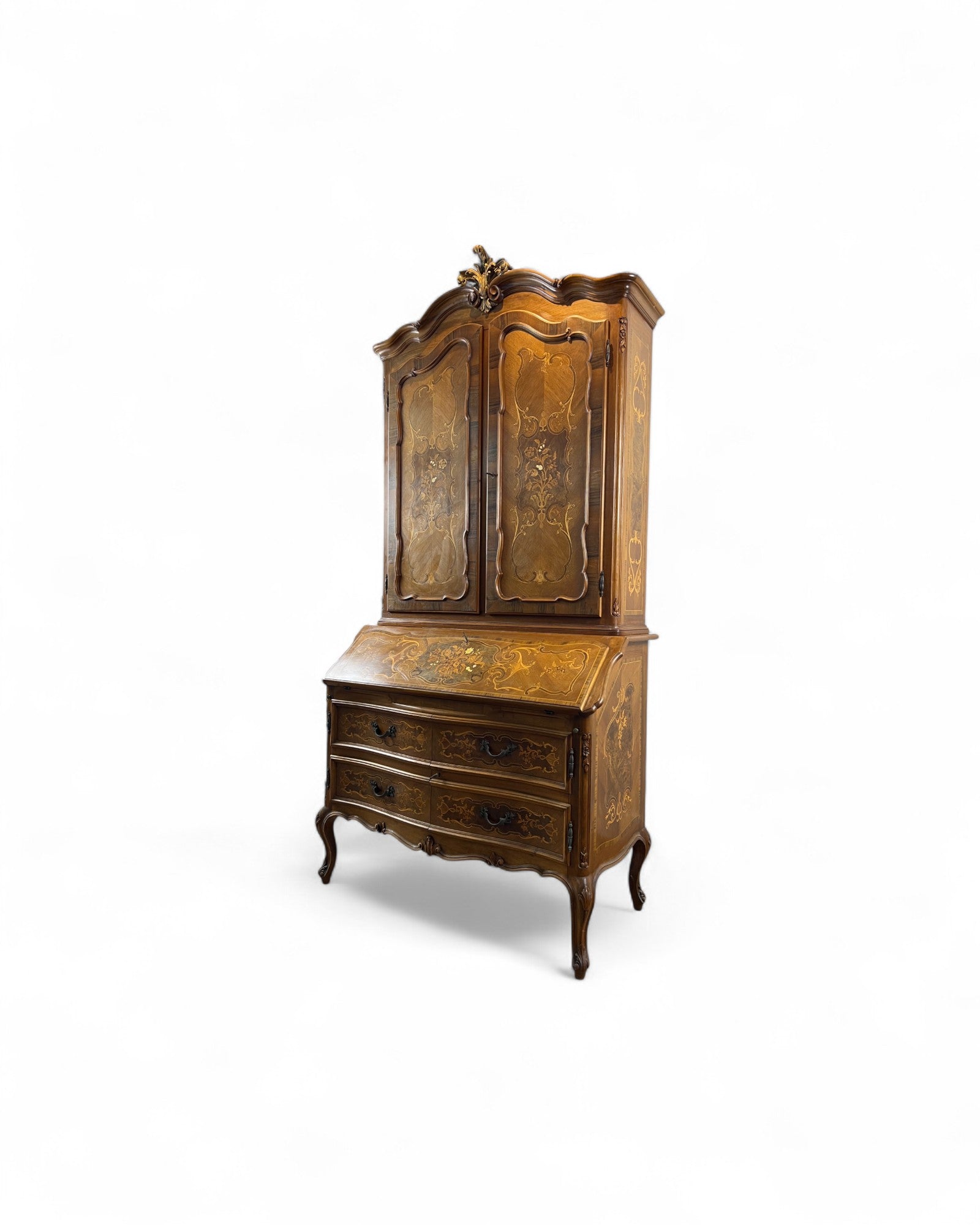 Trumeau Walnut Italian Louis XV Style Cabinet with Cream Fabric Interior