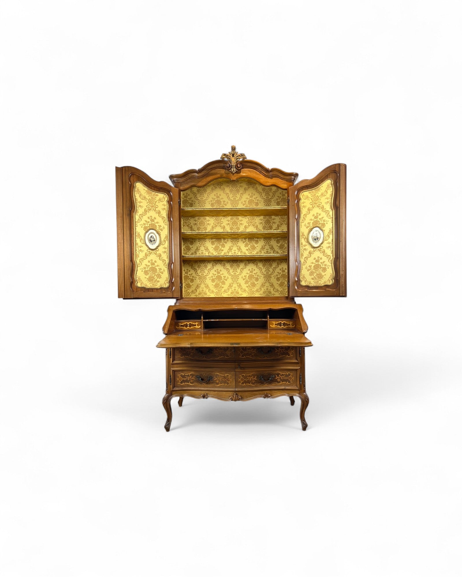 Trumeau Walnut Italian Louis XV Style Cabinet with Cream Fabric Interior