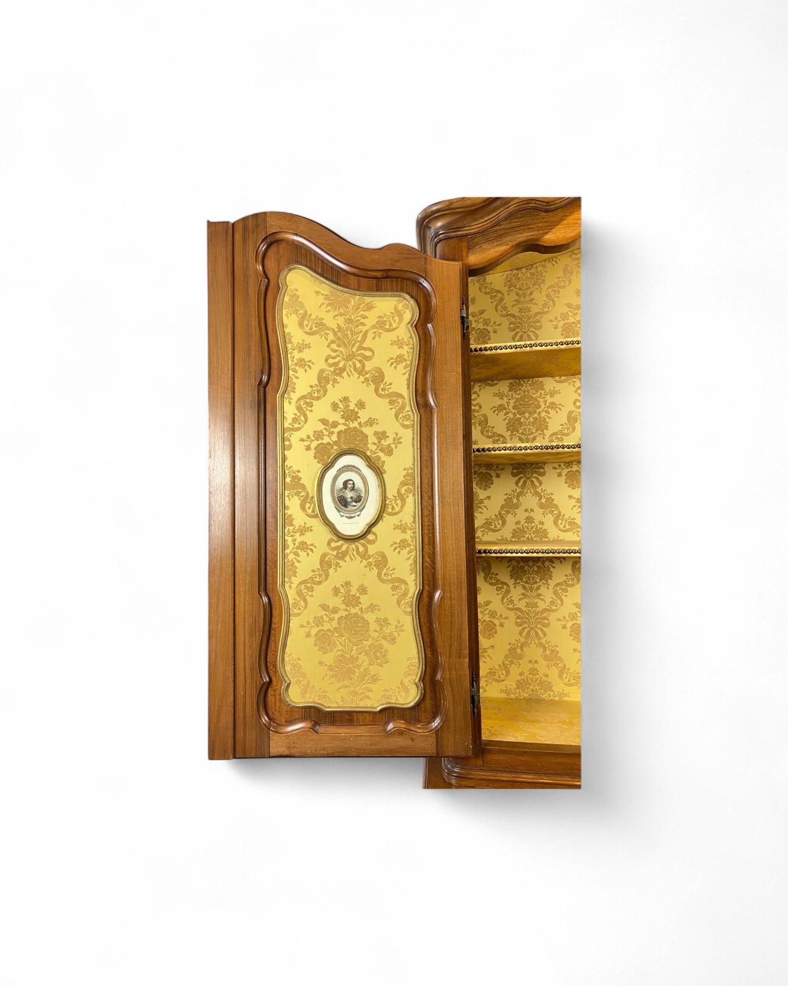 Trumeau Walnut Italian Louis XV Style Cabinet with Cream Fabric Interior