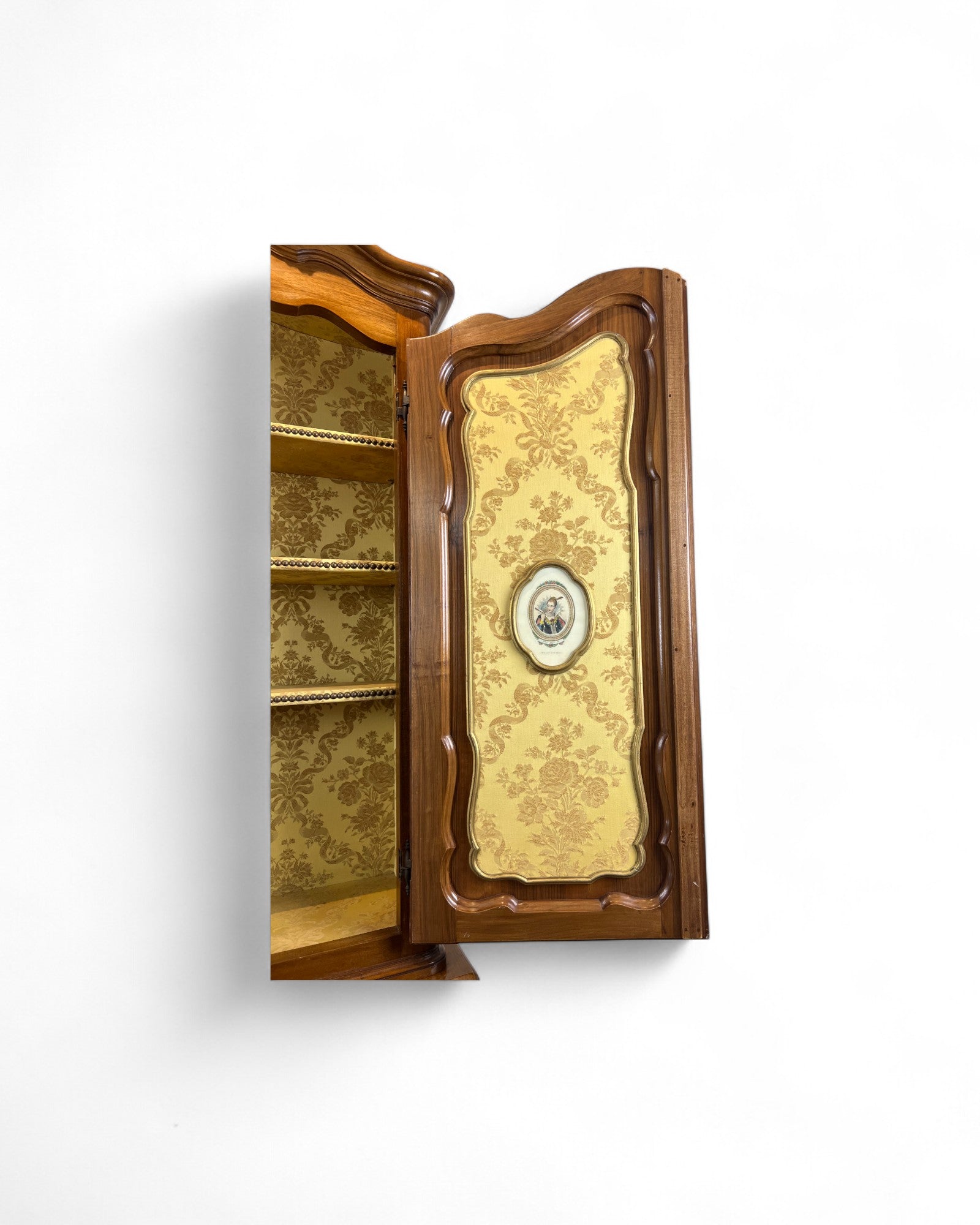 Trumeau Walnut Italian Louis XV Style Cabinet with Cream Fabric Interior
