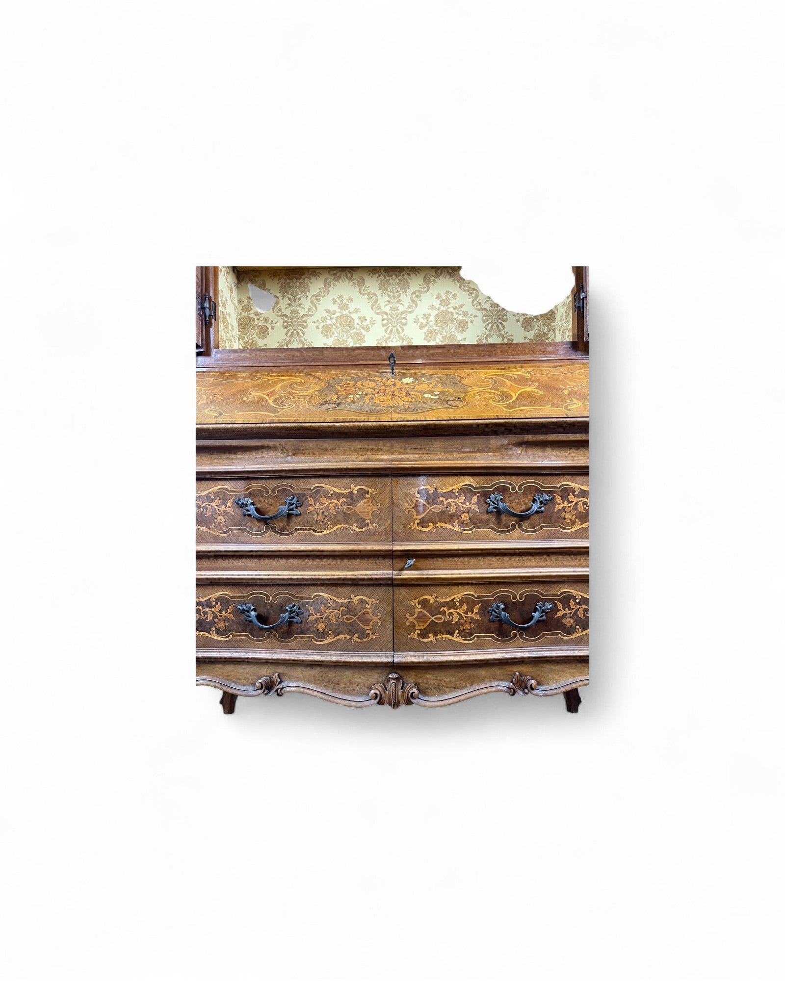 Trumeau Walnut Italian Louis XV Style Cabinet with Cream Fabric Interior