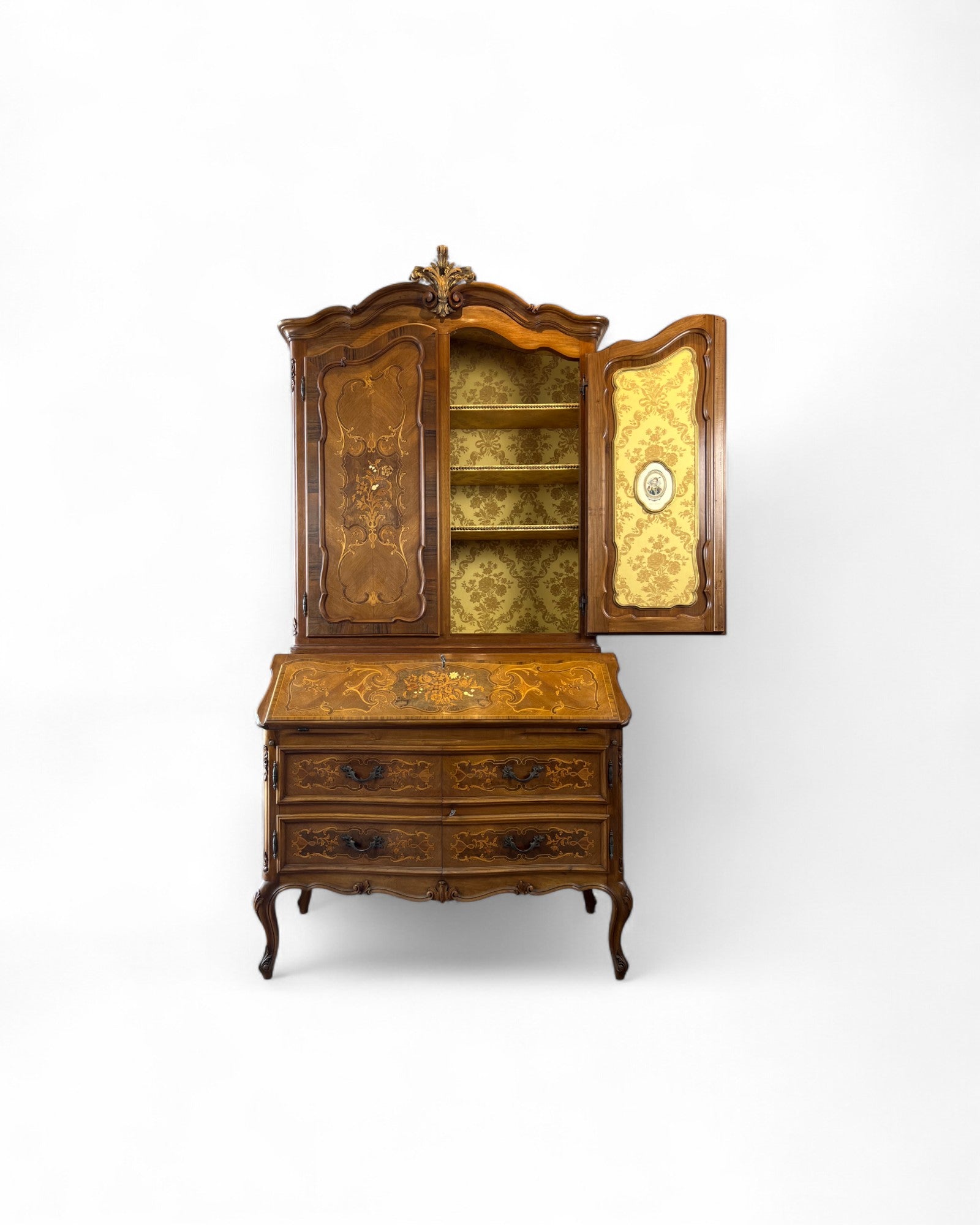 Trumeau Walnut Italian Louis XV Style Cabinet with Cream Fabric Interior