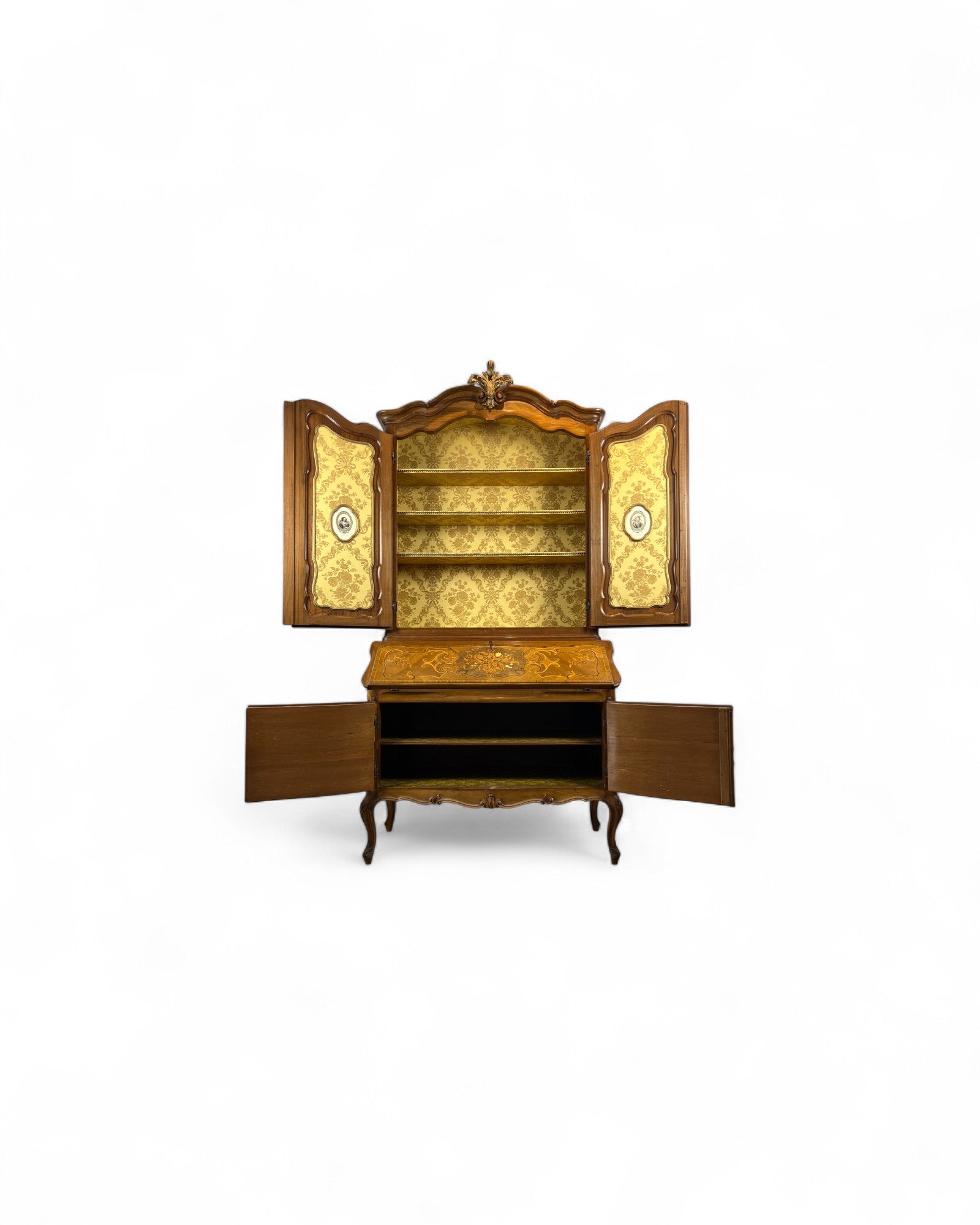 Trumeau Walnut Italian Louis XV Style Cabinet with Cream Fabric Interior