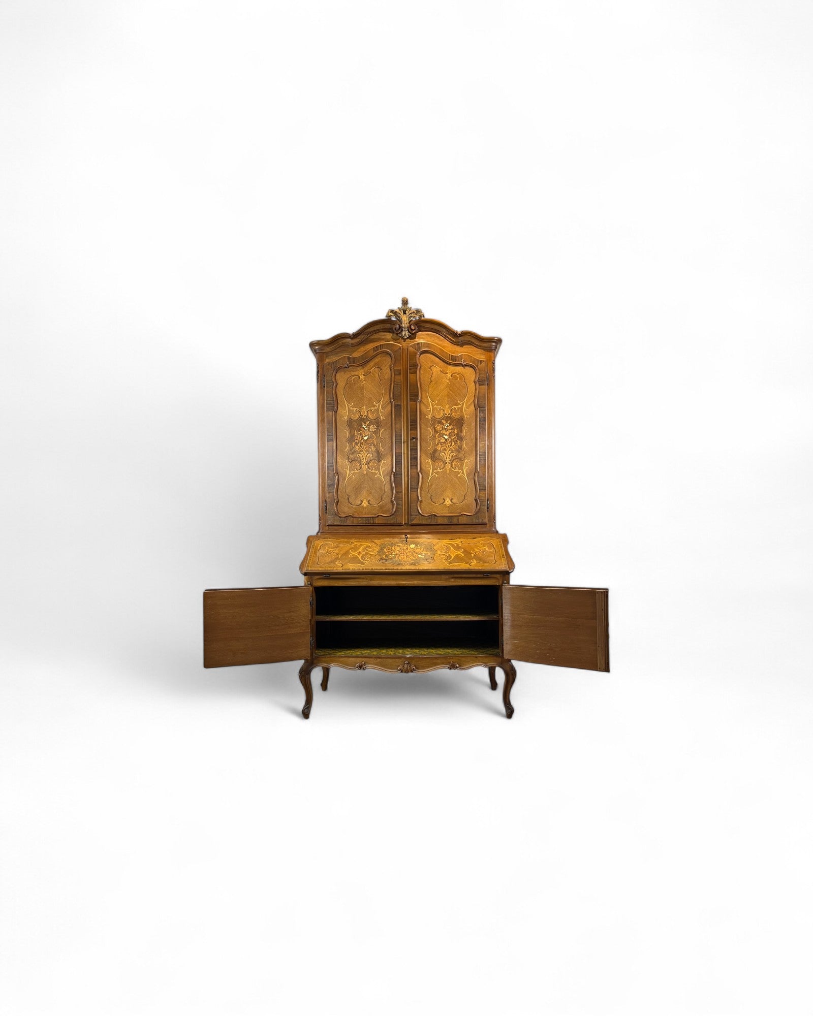 Trumeau Walnut Italian Louis XV Style Cabinet with Cream Fabric Interior