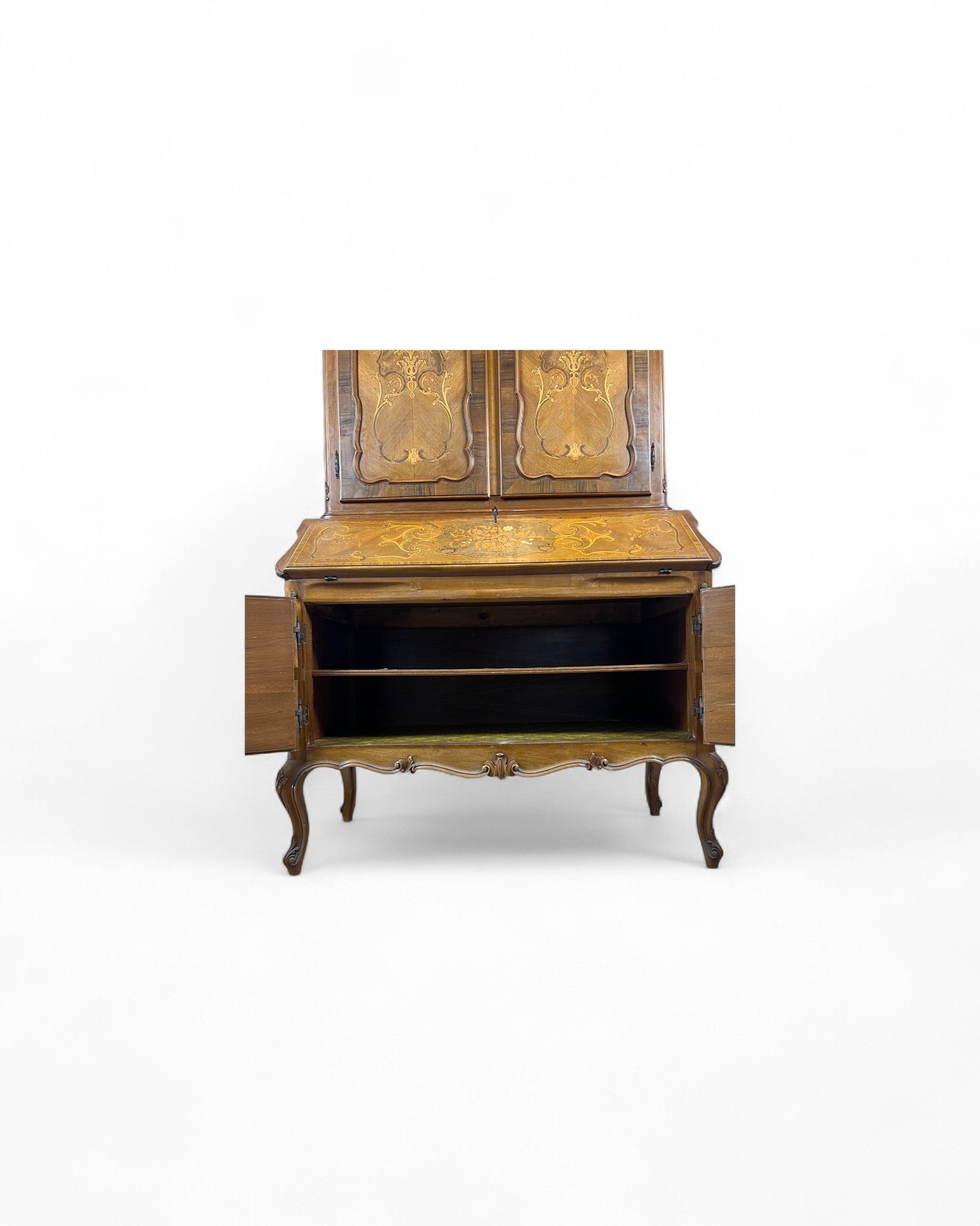 Trumeau Walnut Italian Louis XV Style Cabinet with Cream Fabric Interior