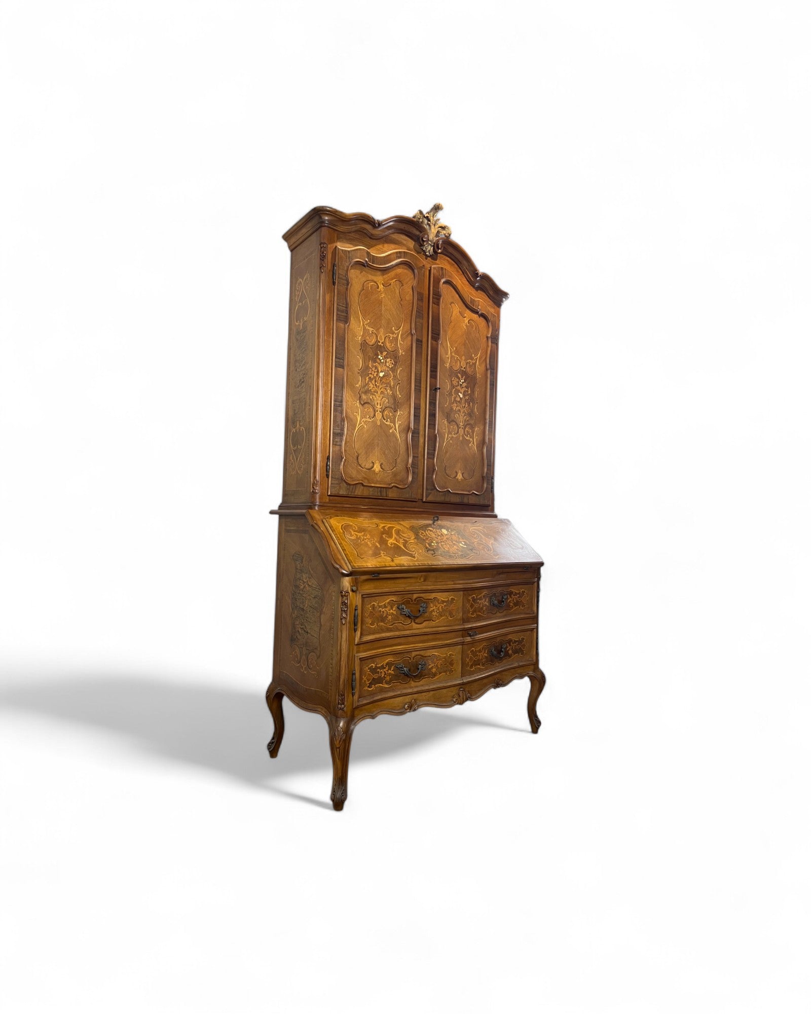 Trumeau Walnut Italian Louis XV Style Cabinet with Cream Fabric Interior