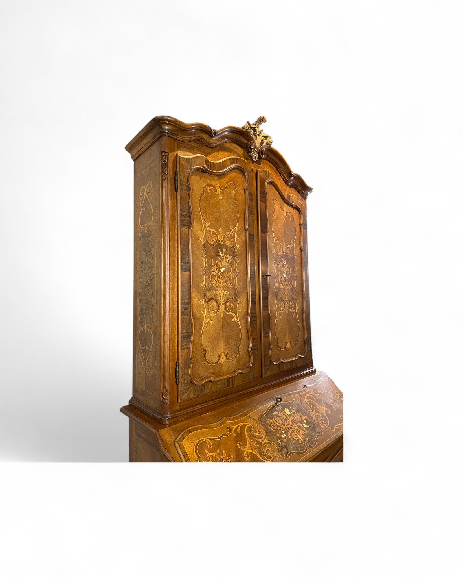Trumeau Walnut Italian Louis XV Style Cabinet with Cream Fabric Interior