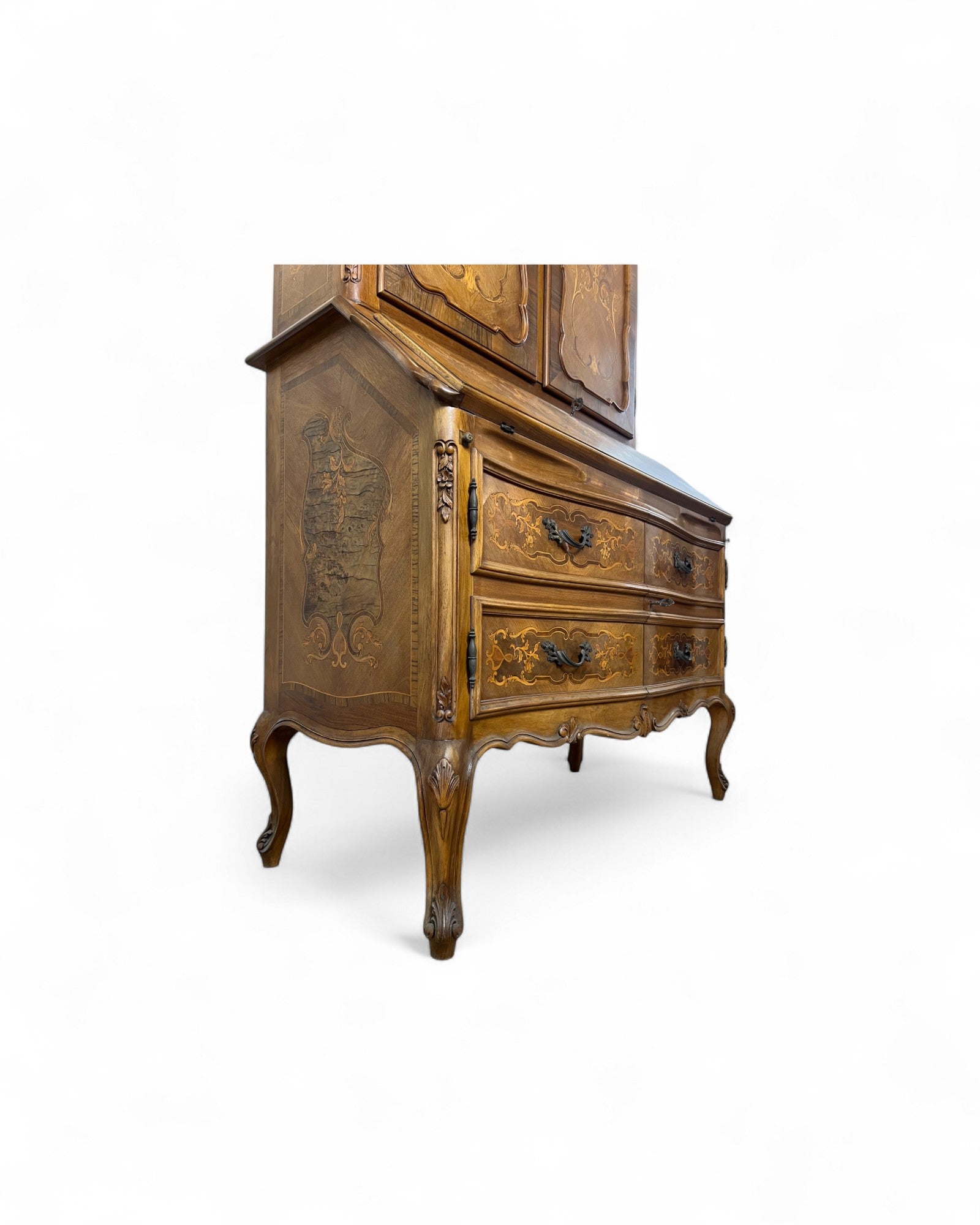 Trumeau Walnut Italian Louis XV Style Cabinet with Cream Fabric Interior